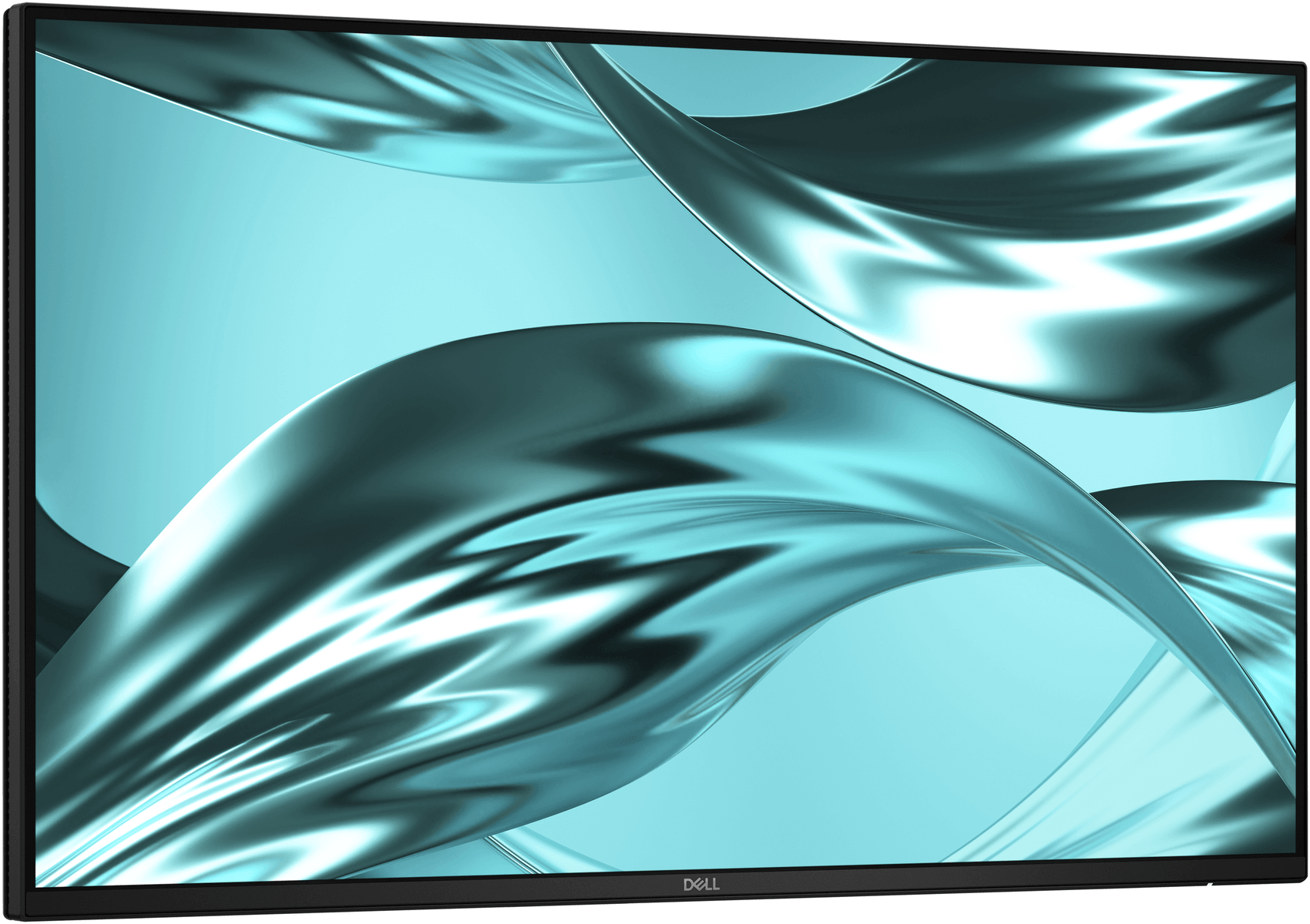 Un monitor muestra un fondo turquesa abstracto con ondas metálicas brillantes y fluidas.