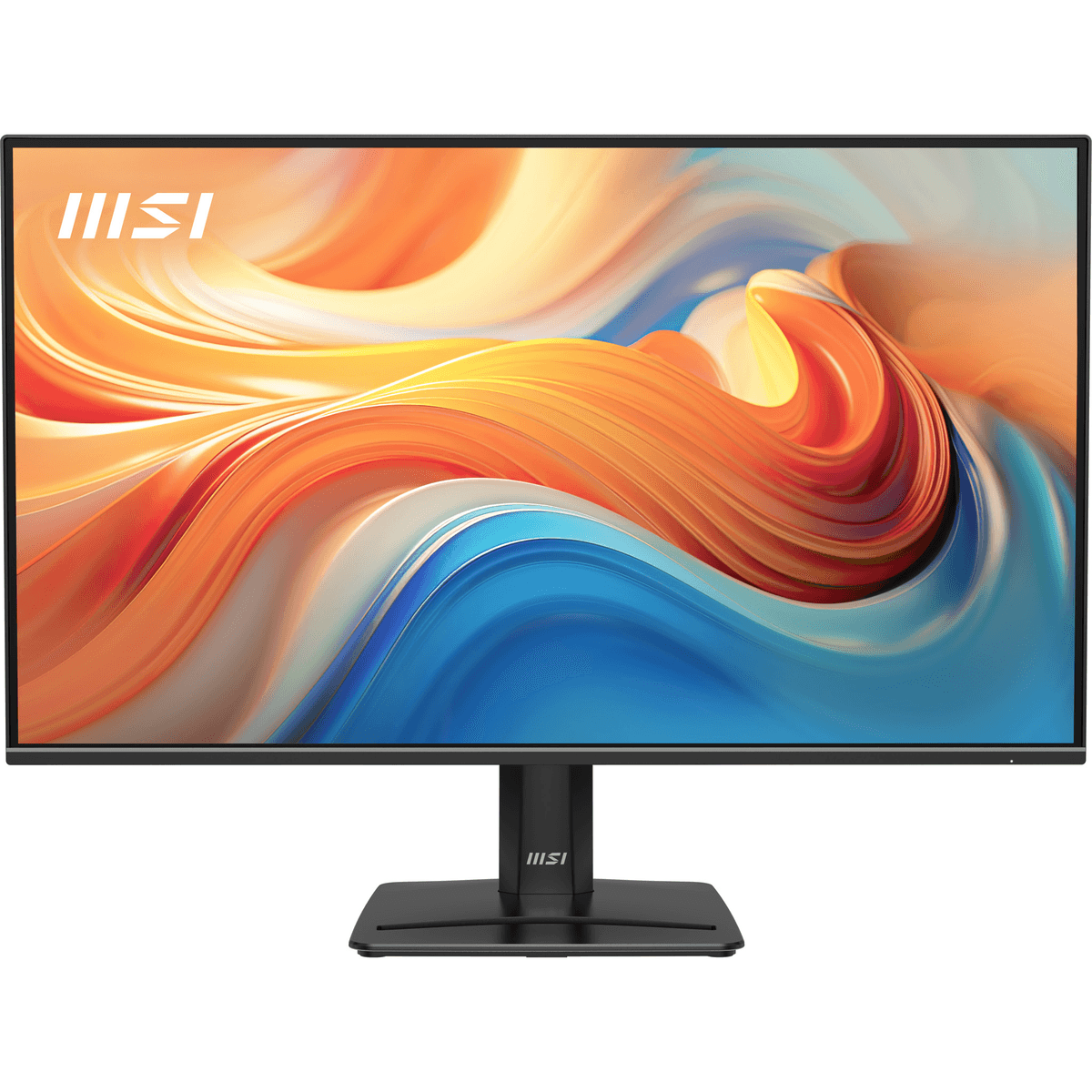 Un monitor MSI negro con bordes finos muestra un patrón de ondas coloridas y onduladas en naranja y azul.