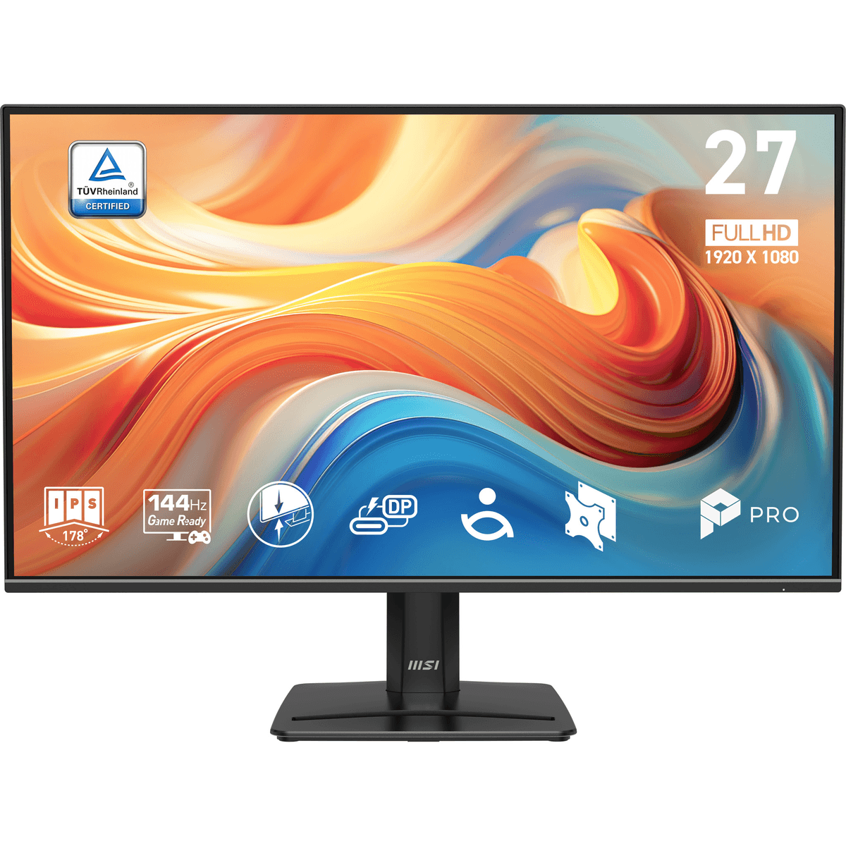 Monitor MSI negro de 27 pulgadas con fondo colorido e iconos de IPS, 144Hz y Full HD.