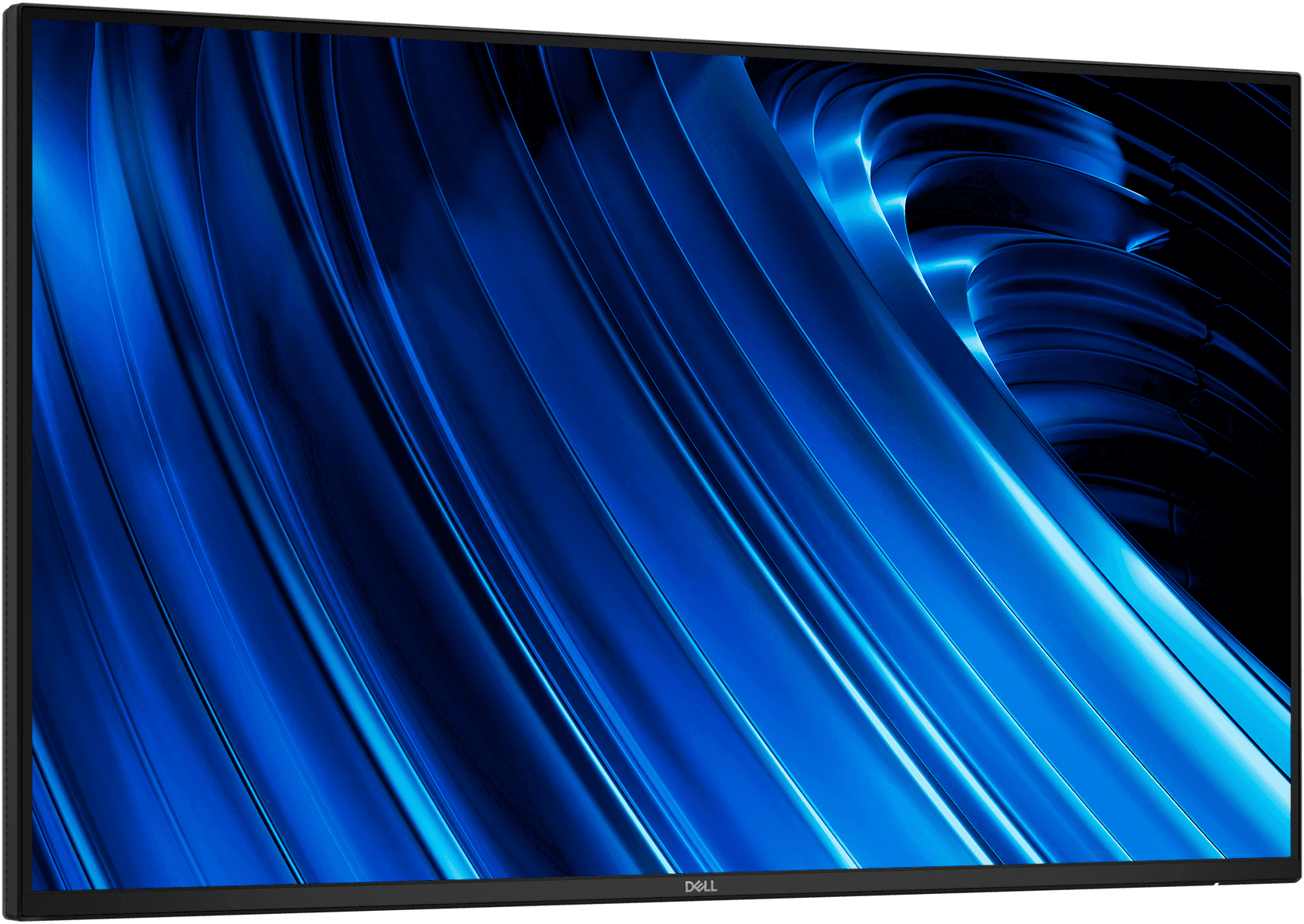 Un monitor Dell que muestra un patrón de ondas azules abstractas y brillantes.