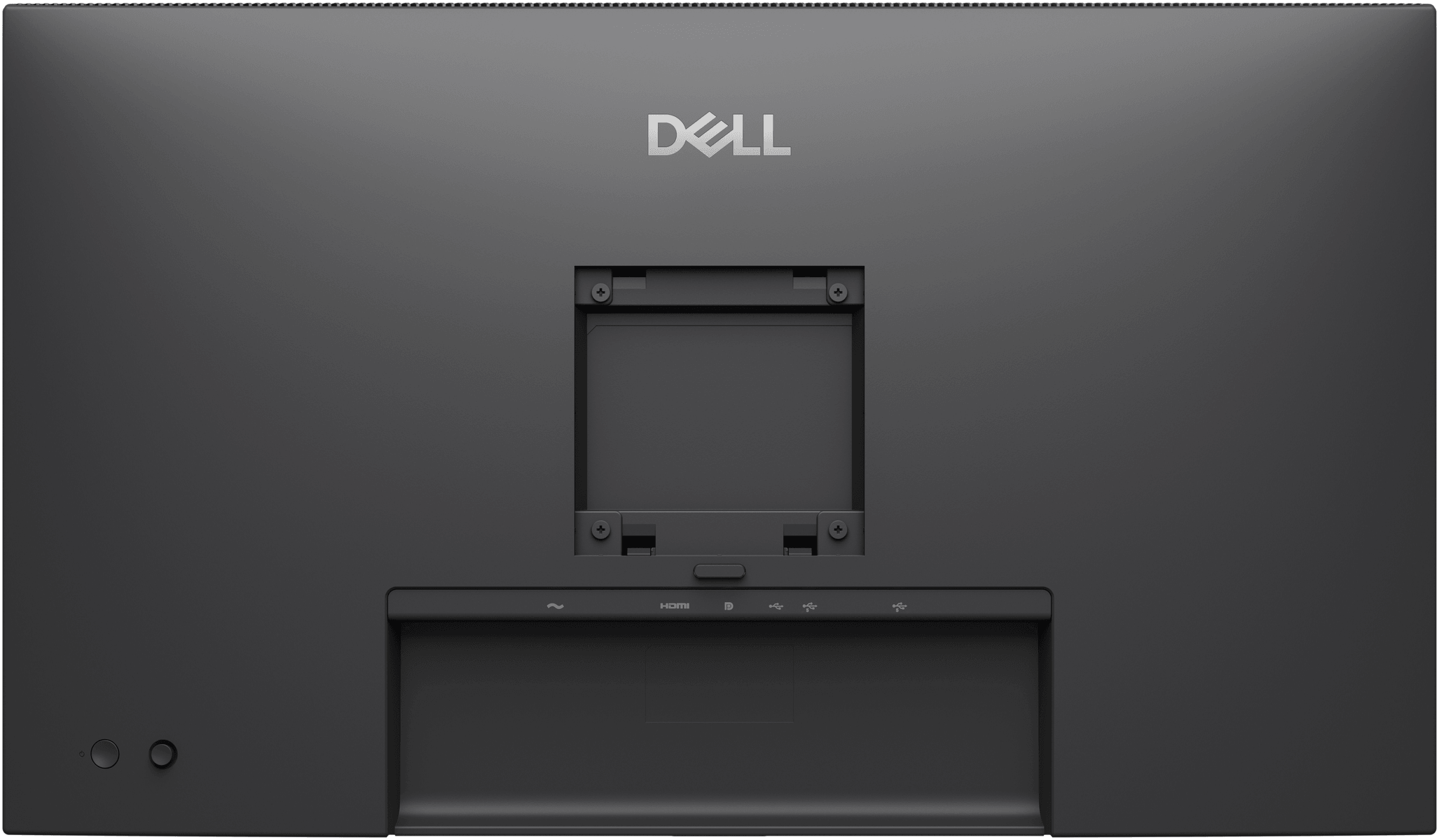 Vista trasera de un monitor Dell negro con soporte VESA, logotipo de Dell arriba y puertos abajo.