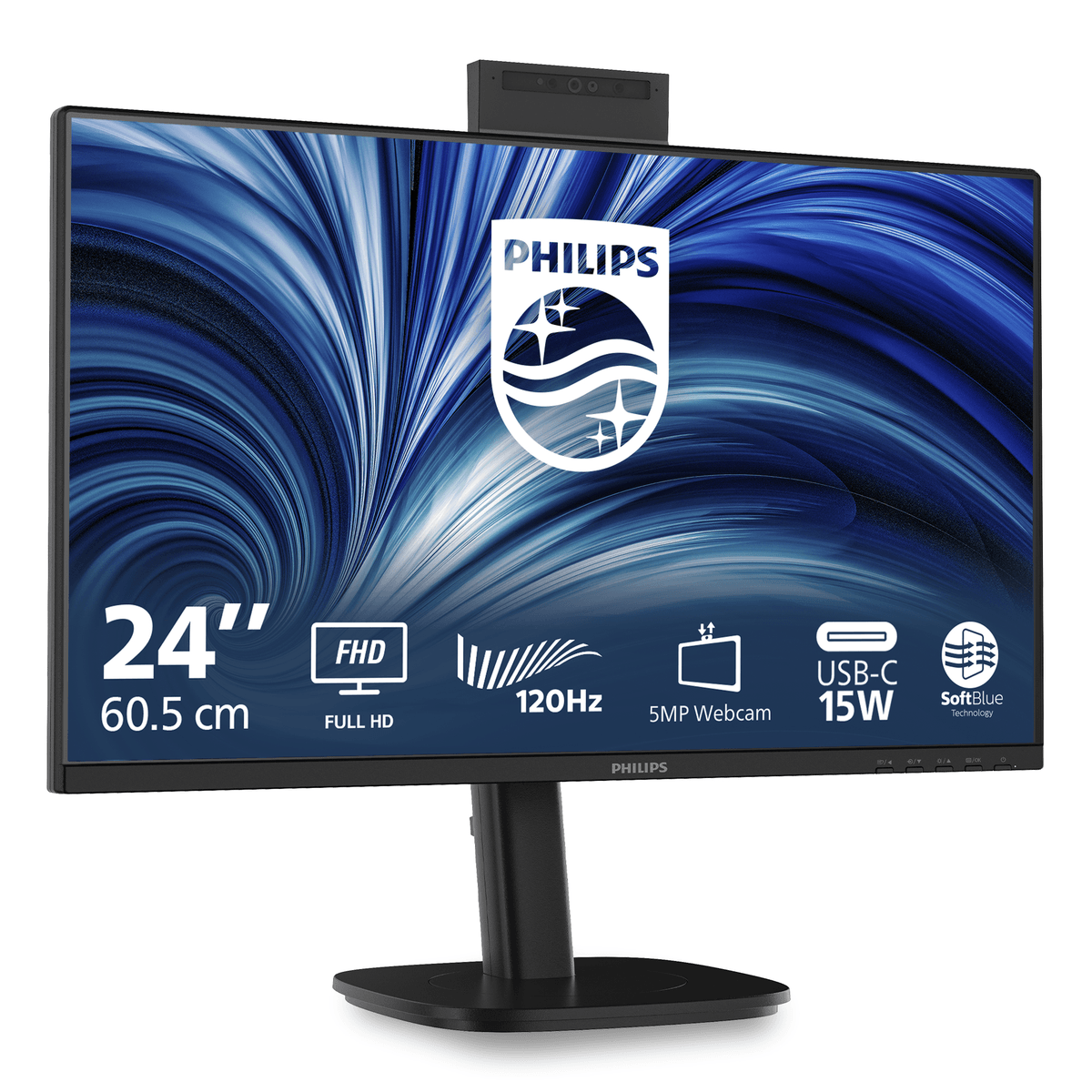 Un monitor Philips de 24 pulgadas con fondo abstracto azul, cámara web integrada e iconos de características abajo.