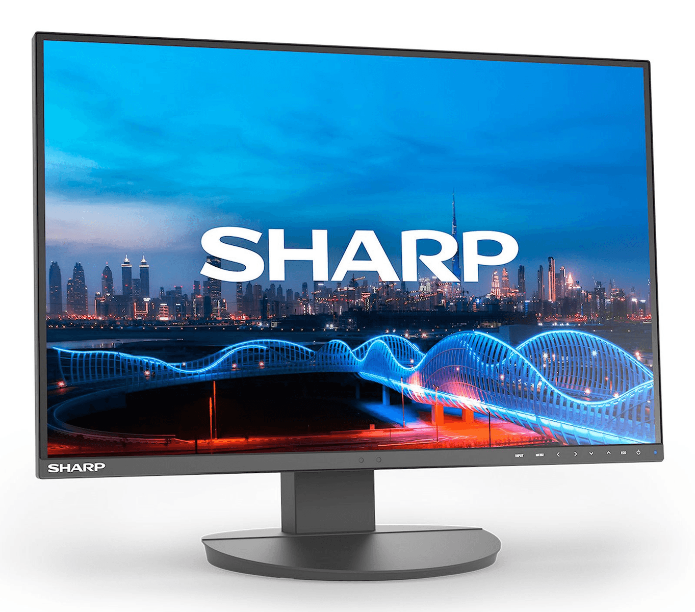 Un monitor negro Sharp muestra el horizonte de una ciudad y un puente azul brillante bajo el cielo.