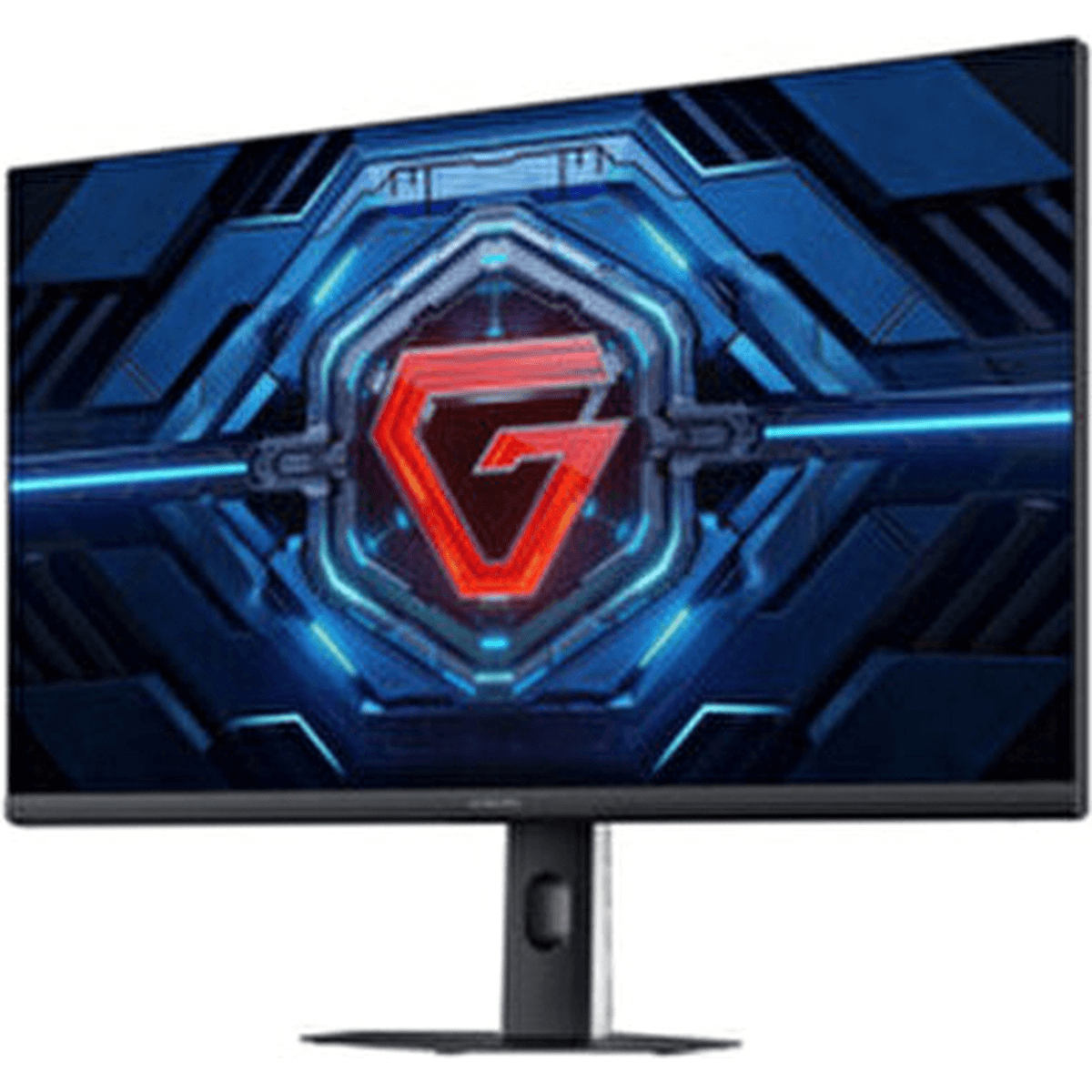 Un monitor de juegos negro que muestra un fondo de pantalla robótico azul y rojo.