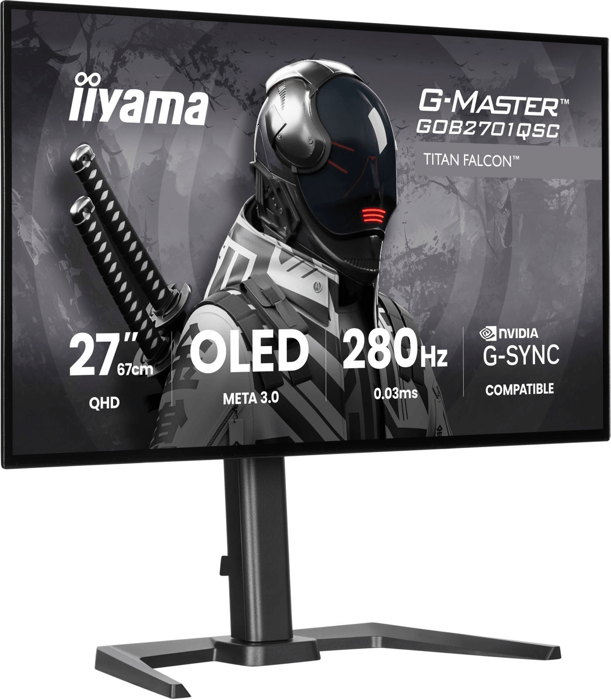 Un monitor de juegos iiyama G-Master que muestra un guerrero futurista y especificaciones OLED, 280Hz y G-Sync.
