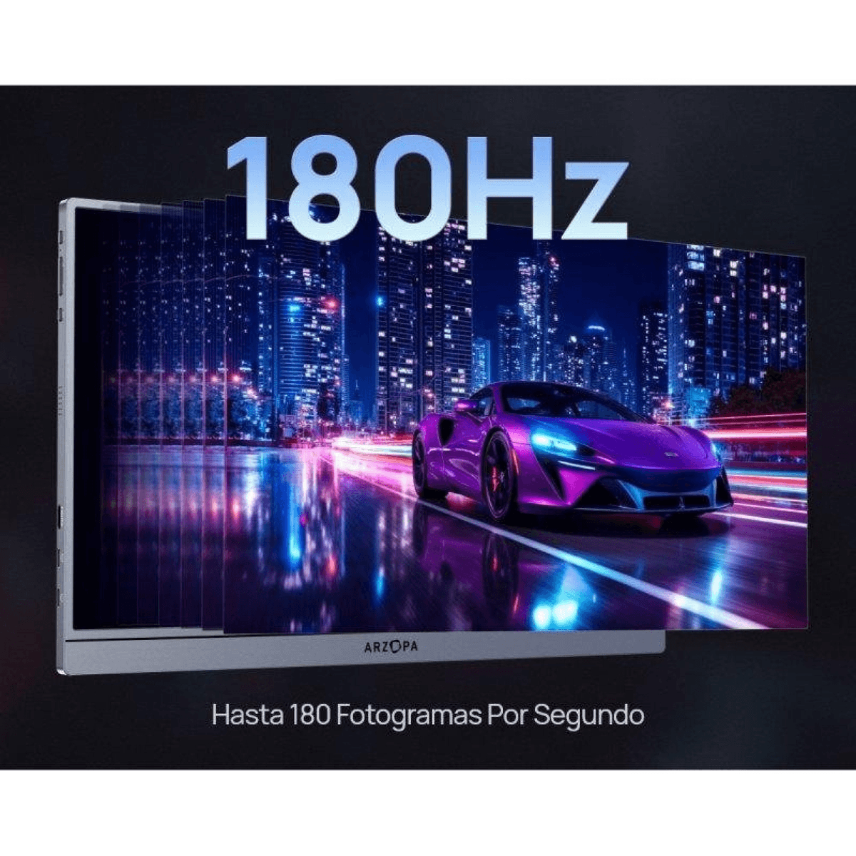 Un monitor portátil muestra un coche deportivo morado en una ciudad nocturna, promocionando 180Hz.