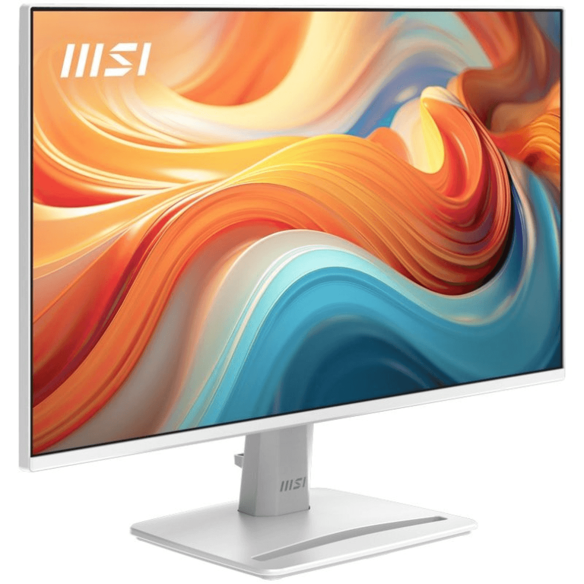 Un monitor MSI blanco sobre una peana blanca muestra un gráfico de ondas abstracto y colorido en naranja y azul.