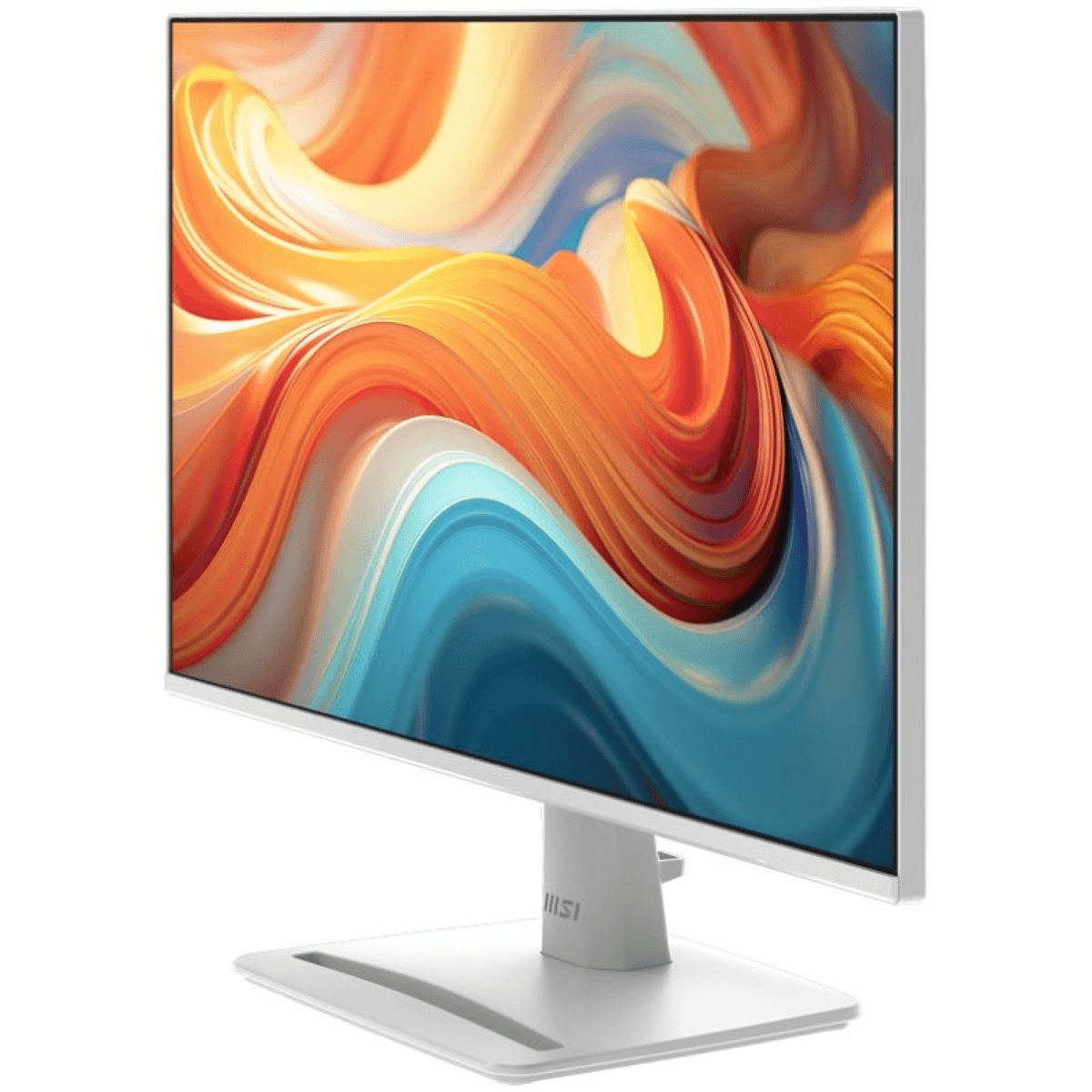 Un monitor de computadora blanco que muestra un patrón de ondas abstracto y colorido en su pantalla sobre fondo blanco.