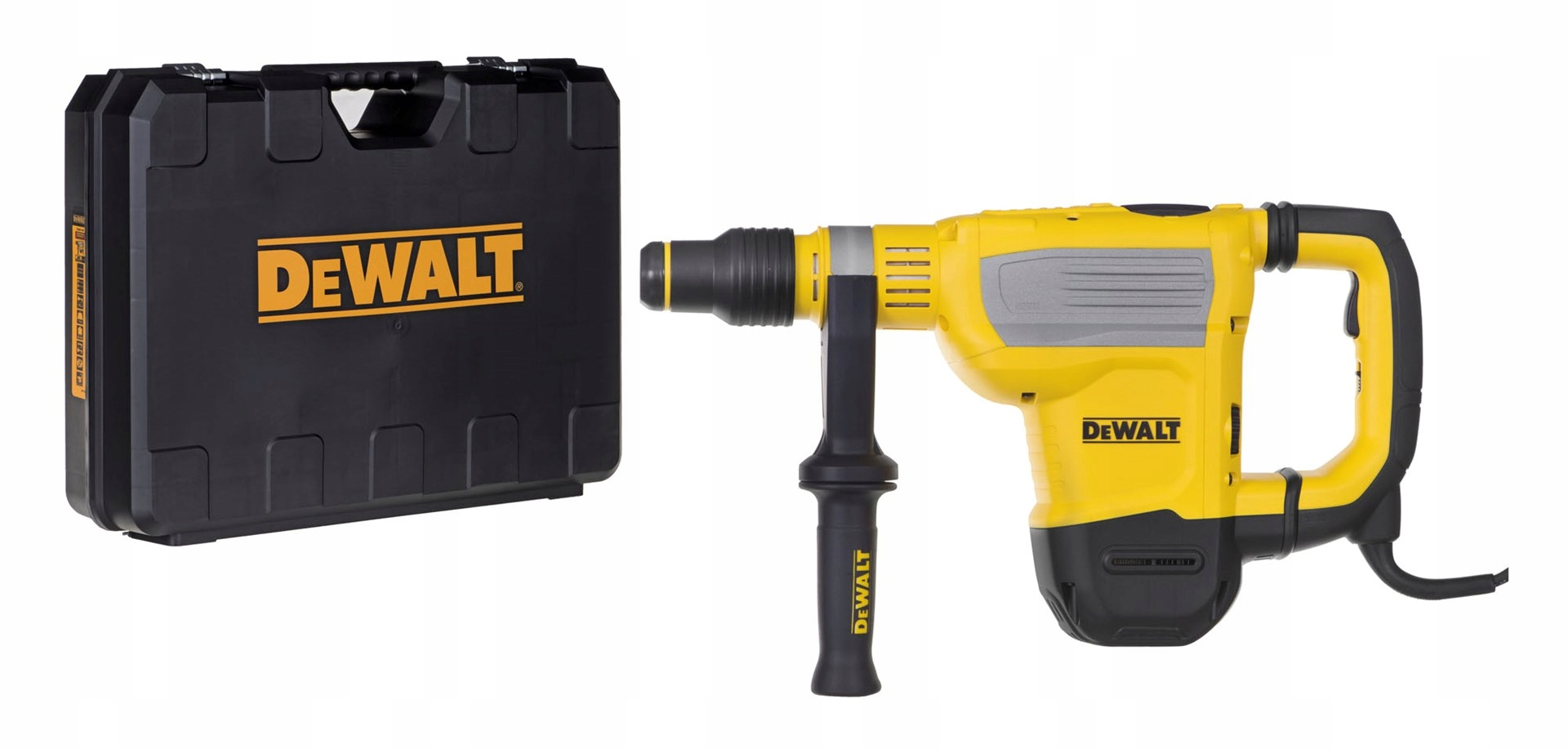 Ein gelb-schwarzer DeWalt Bohrhammer mit Seitengriff, neben seinem passenden schwarzen Kunststoffkoffer.