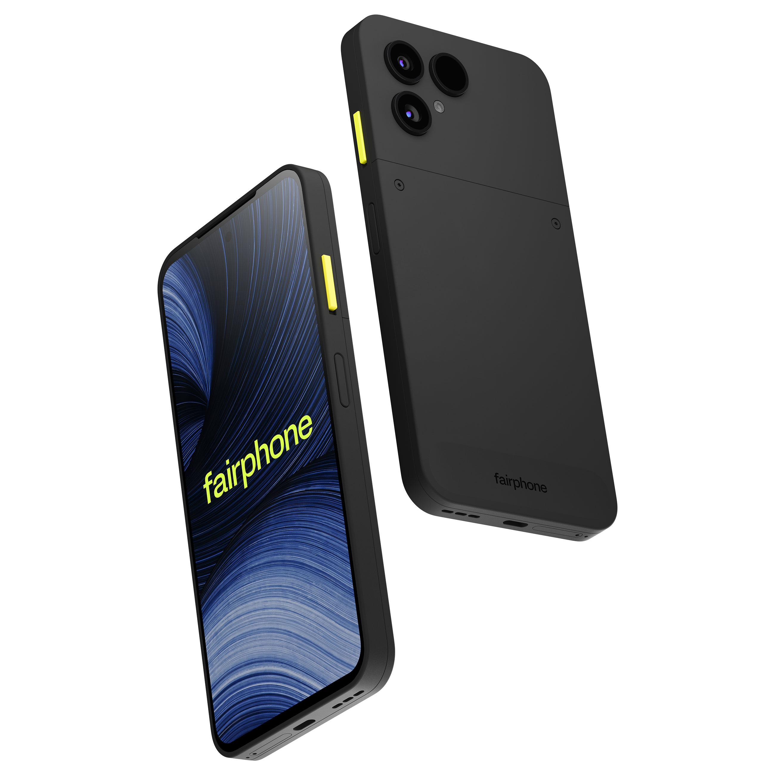 Due smartphone Fairphone neri mostrano fronte e retro con pulsanti gialli e il logo Fairphone.