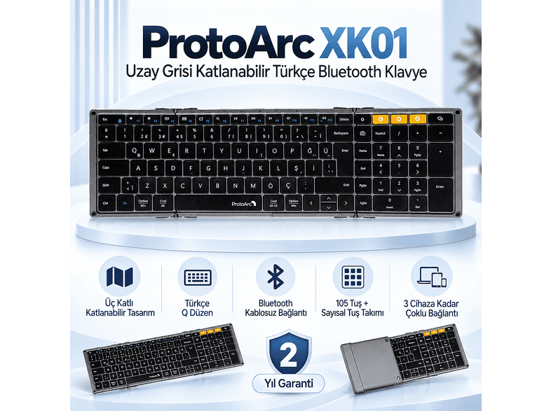 ProtoArc XK01 Uzay Grisi Katlanabilir Türkçe Bluetooth Klavye (CP016848)