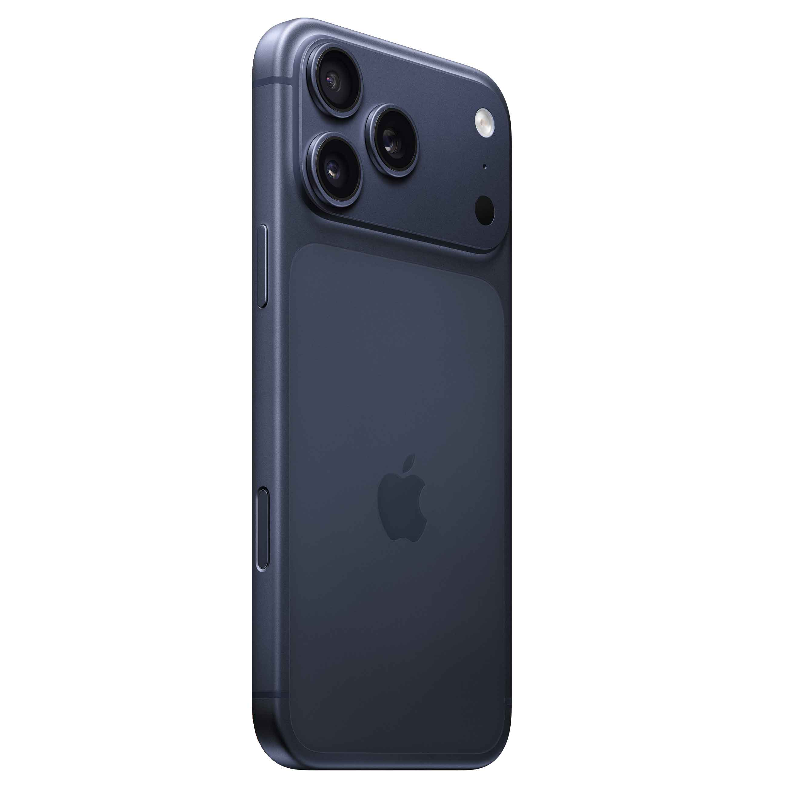 Dunkelblauer Smartphone-Rücken mit drei Kameras, Blitz und Apple-Logo.