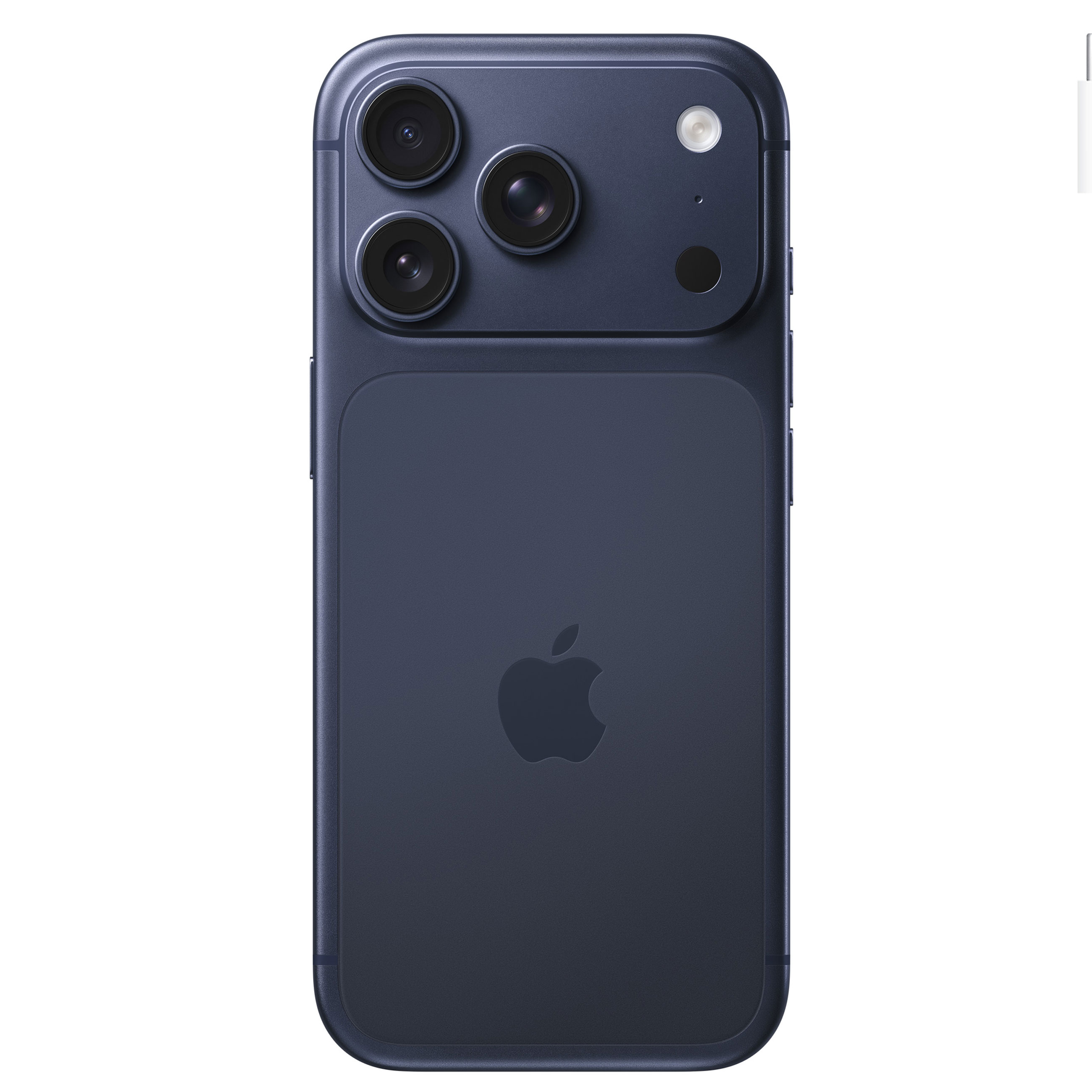 Parte trasera de un smartphone azul oscuro con tres lentes de cámara y el logo de Apple.