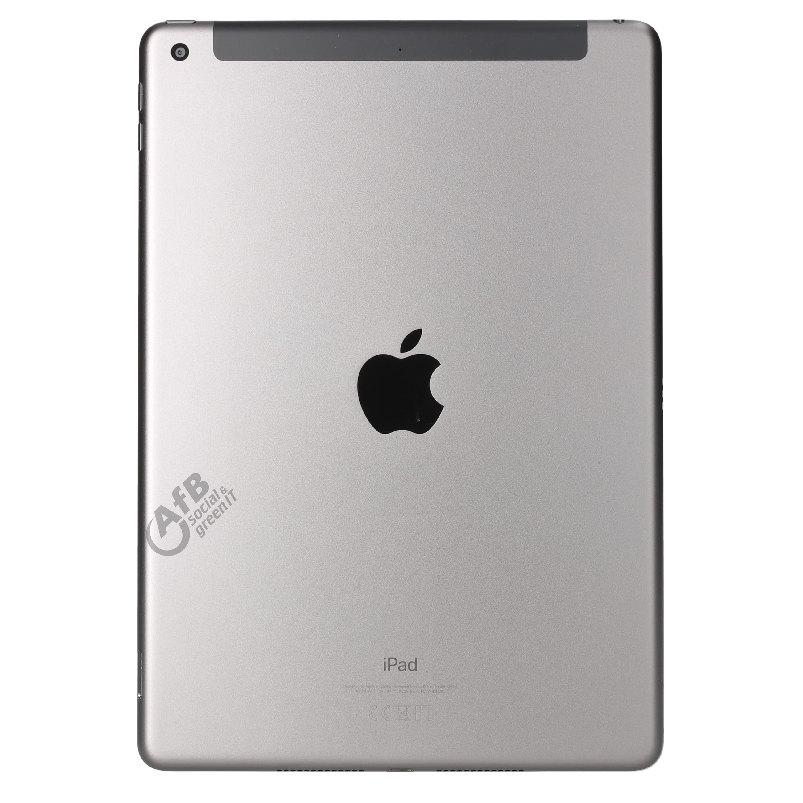 Parte trasera de un iPad plateado con el logo de Apple en el centro y una pegatina de AfB.