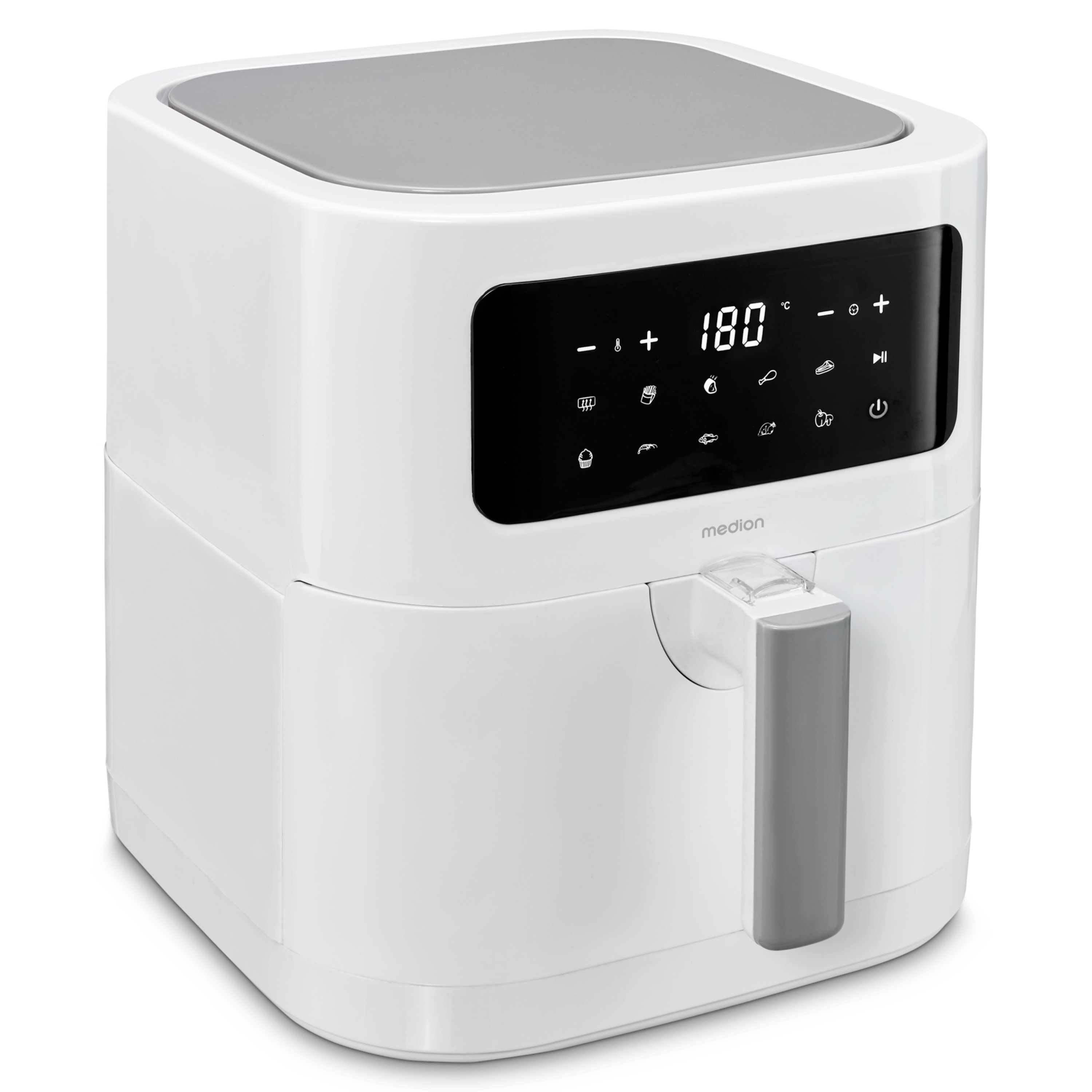 Una freidora de aire blanca con una pantalla táctil digital que muestra 180 grados y un mango gris.