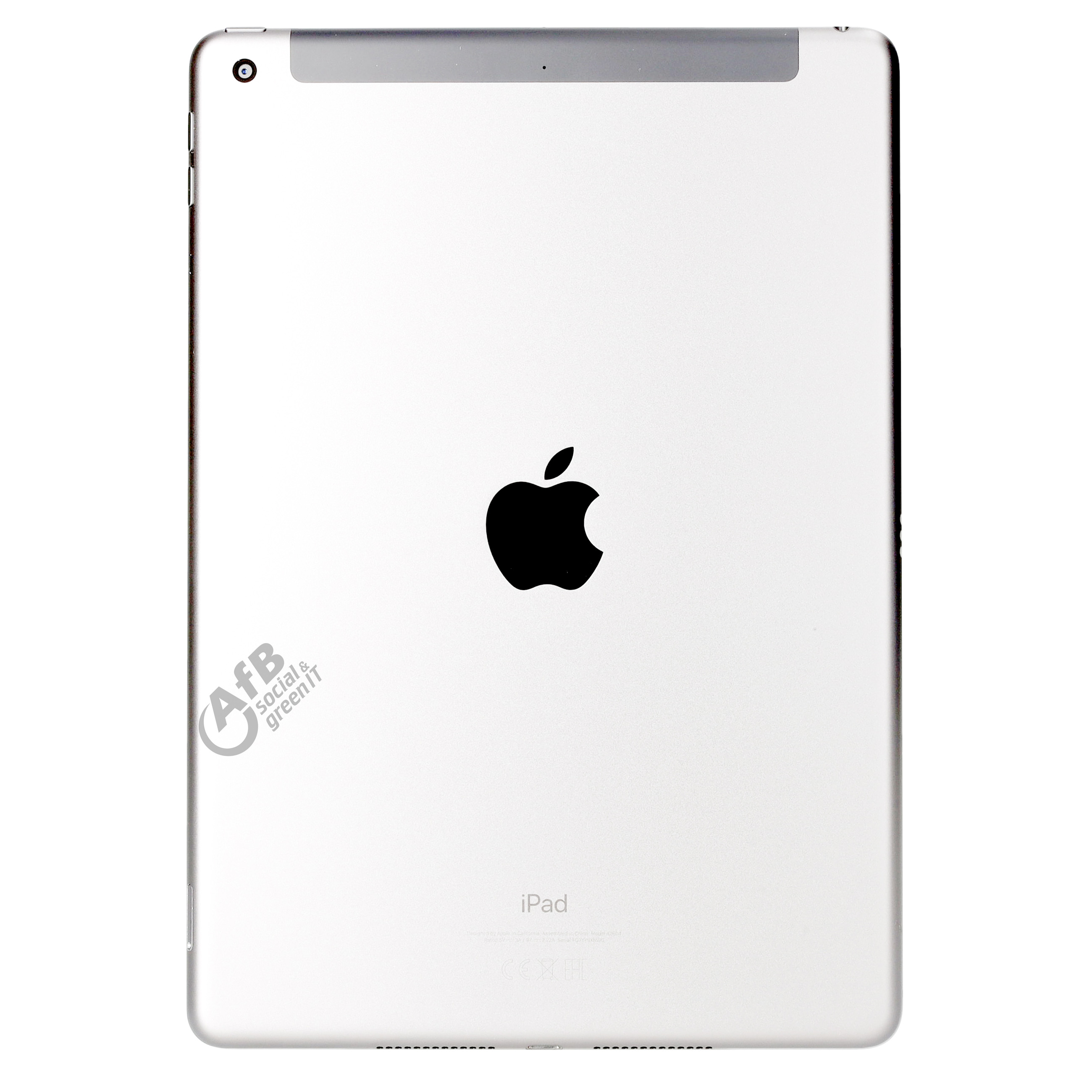 Vista trasera de un iPad plateado con el logotipo de Apple en el centro, una cámara arriba a la izquierda y el logotipo de AfB abajo a la izquierda.