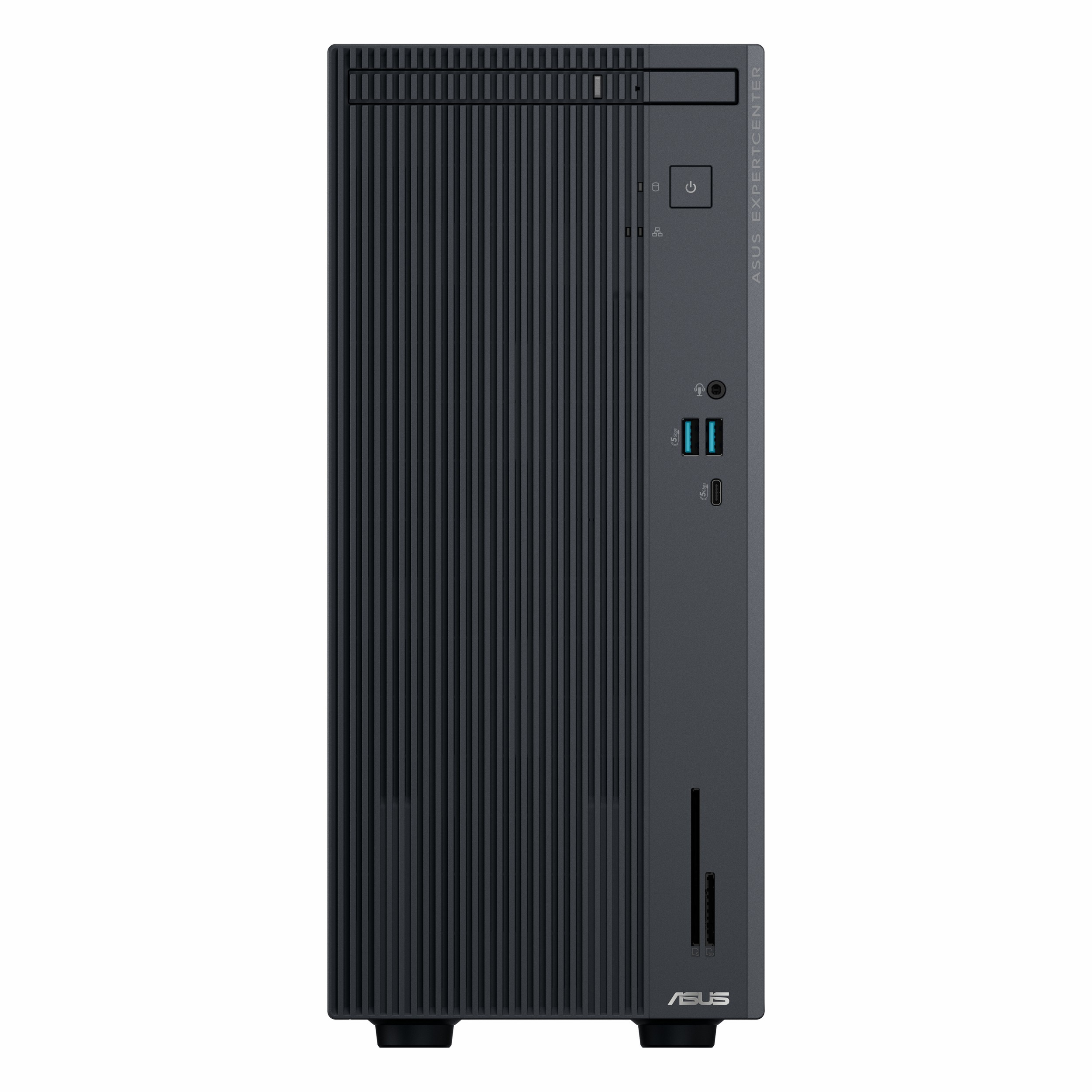 Dikey ızgaralara ve ön bağlantı noktalarına sahip gri bir ASUS ExpertCenter masaüstü bilgisayar.