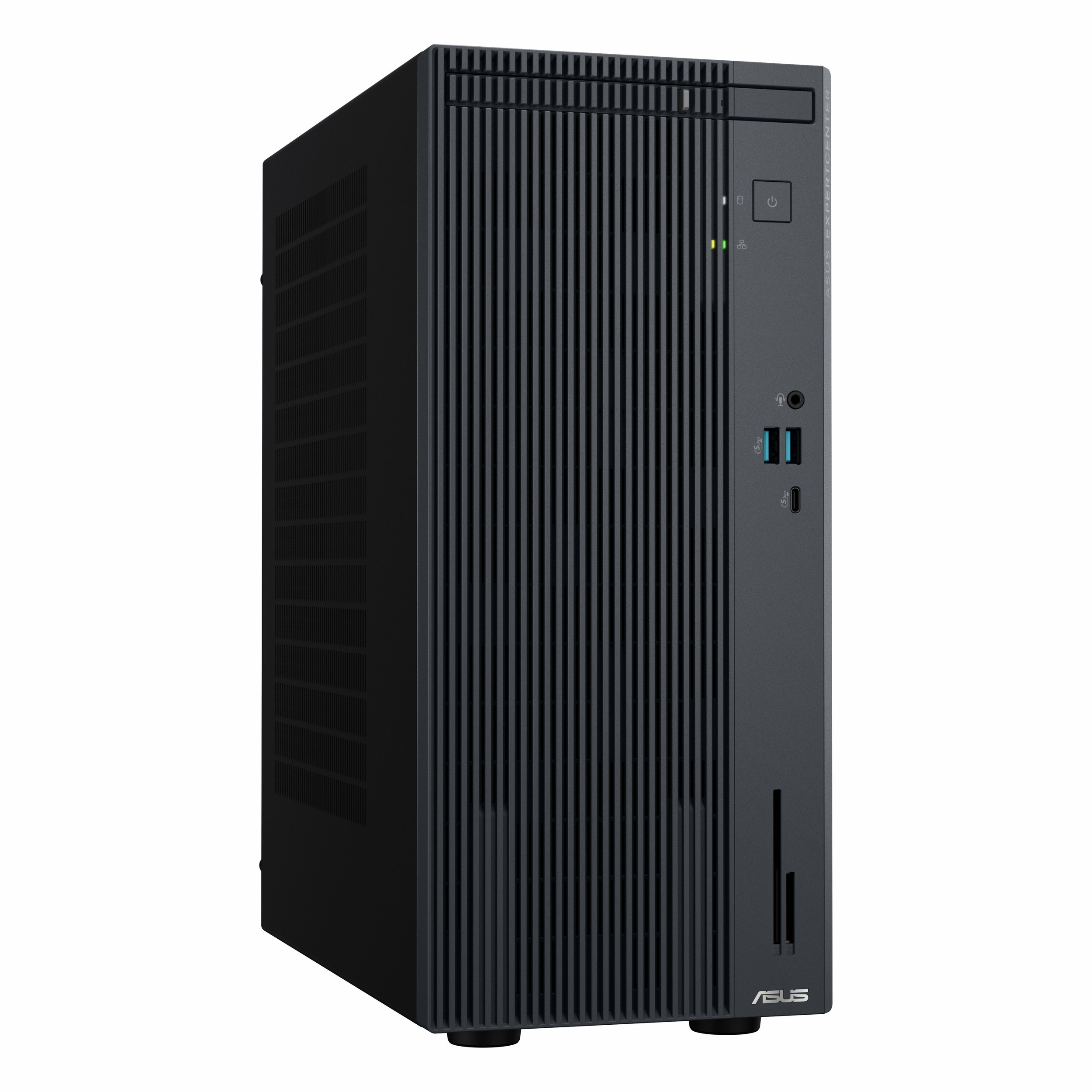 Dikey ön ızgaralara ve bağlantı noktalarına sahip siyah bir Asus masaüstü bilgisayar.