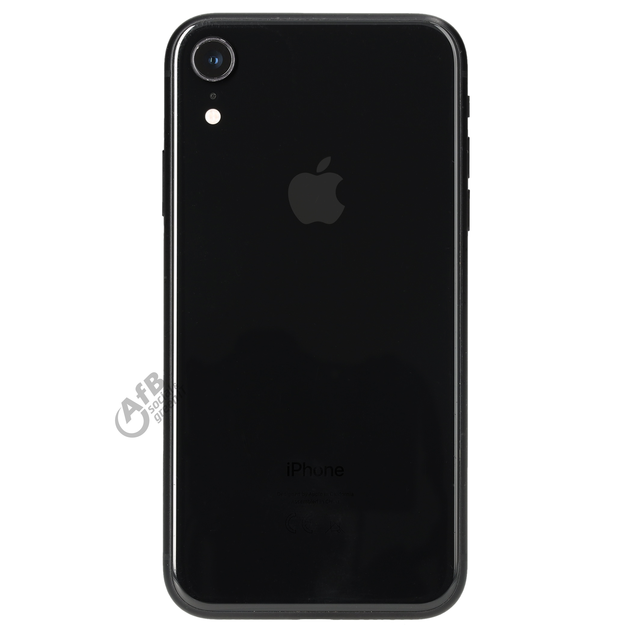 Parte trasera de un iPhone negro con una sola cámara, flash y logotipo de Apple.