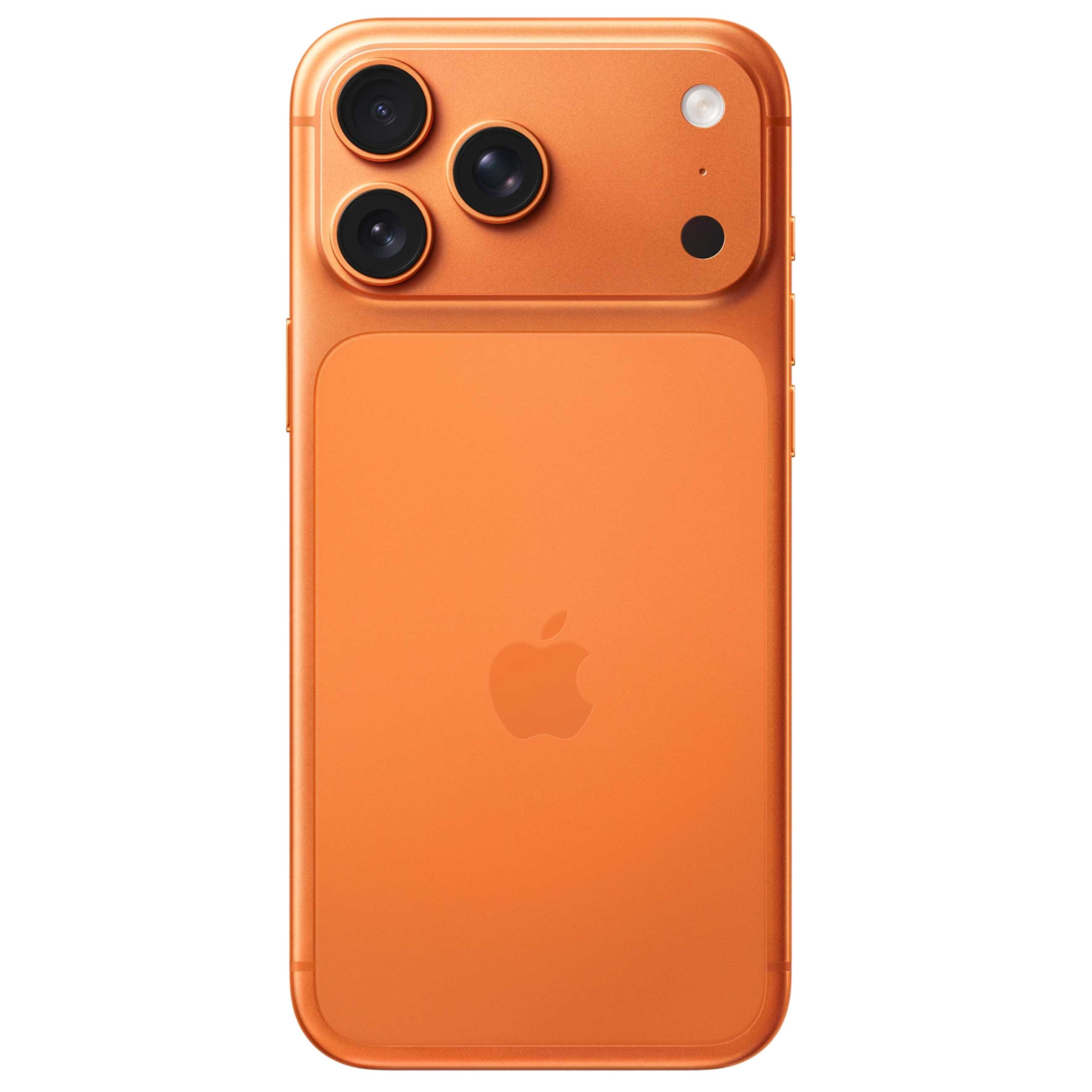 Retro di uno smartphone arancione con modulo a tripla fotocamera e logo Apple.