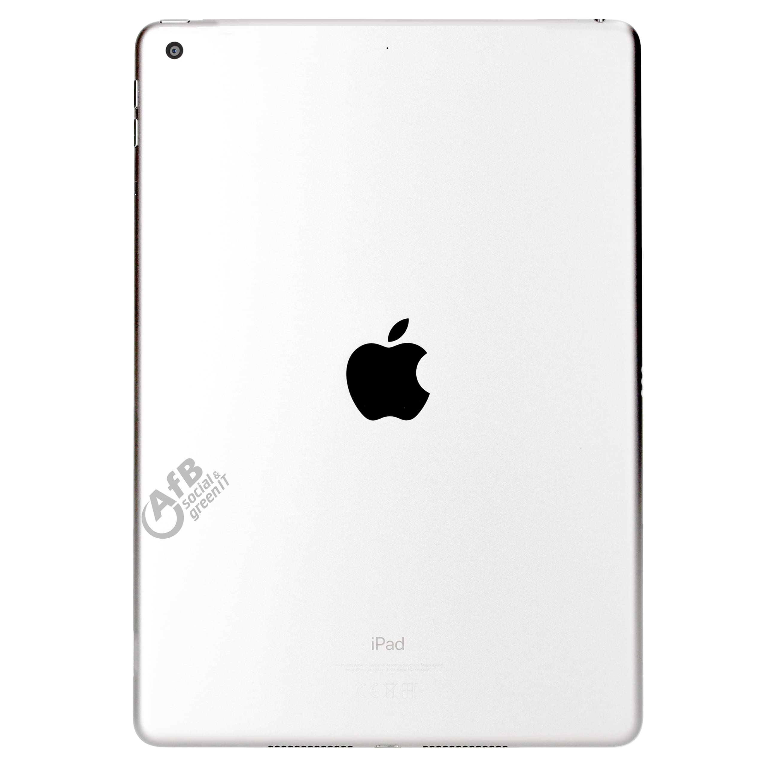 Rückseite eines silbernen iPads mit schwarzem Apple-Logo, Kamera und AfB-Logo.