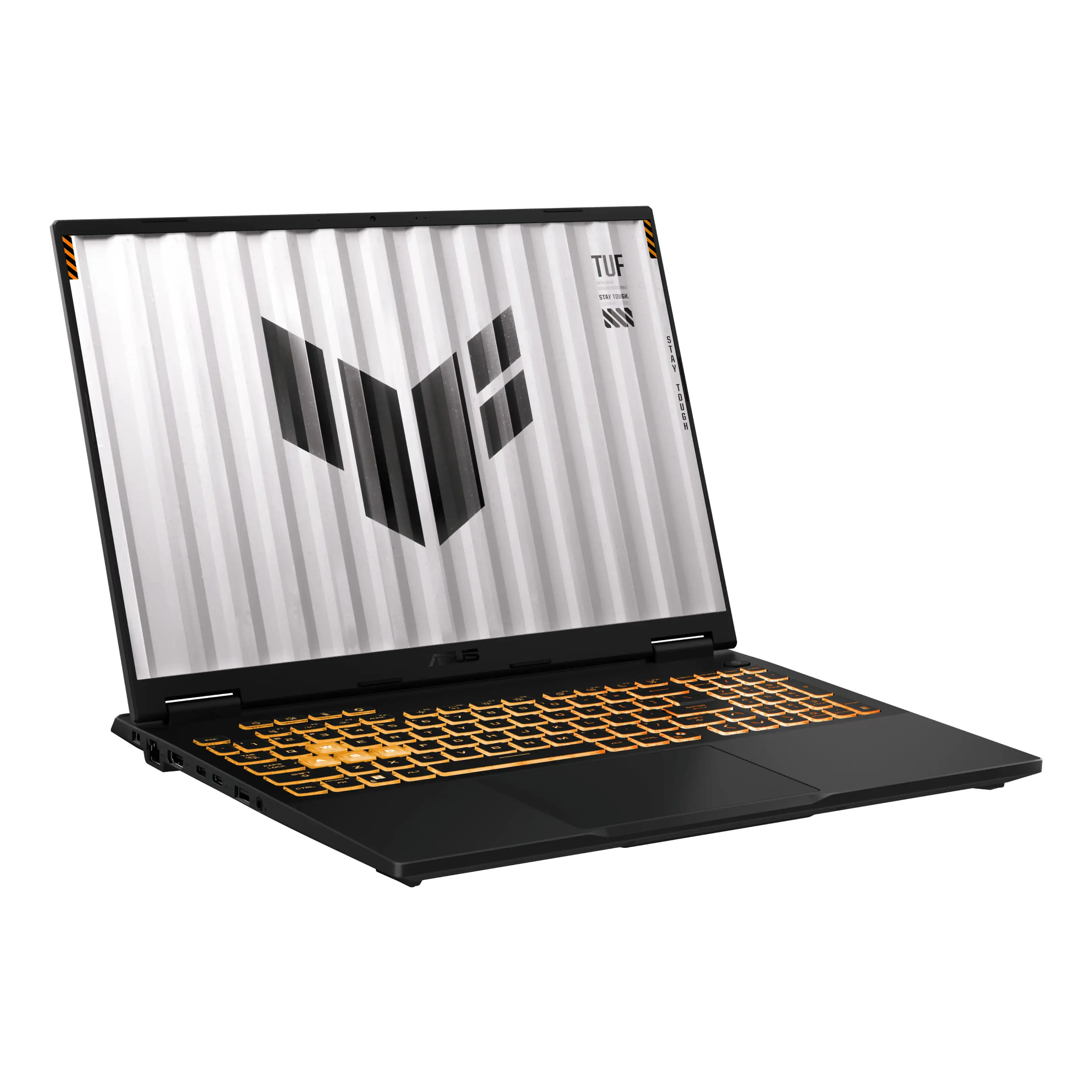 Laptop da gioco Asus TUF nero con schermo bianco e tastiera retroilluminata in arancione.