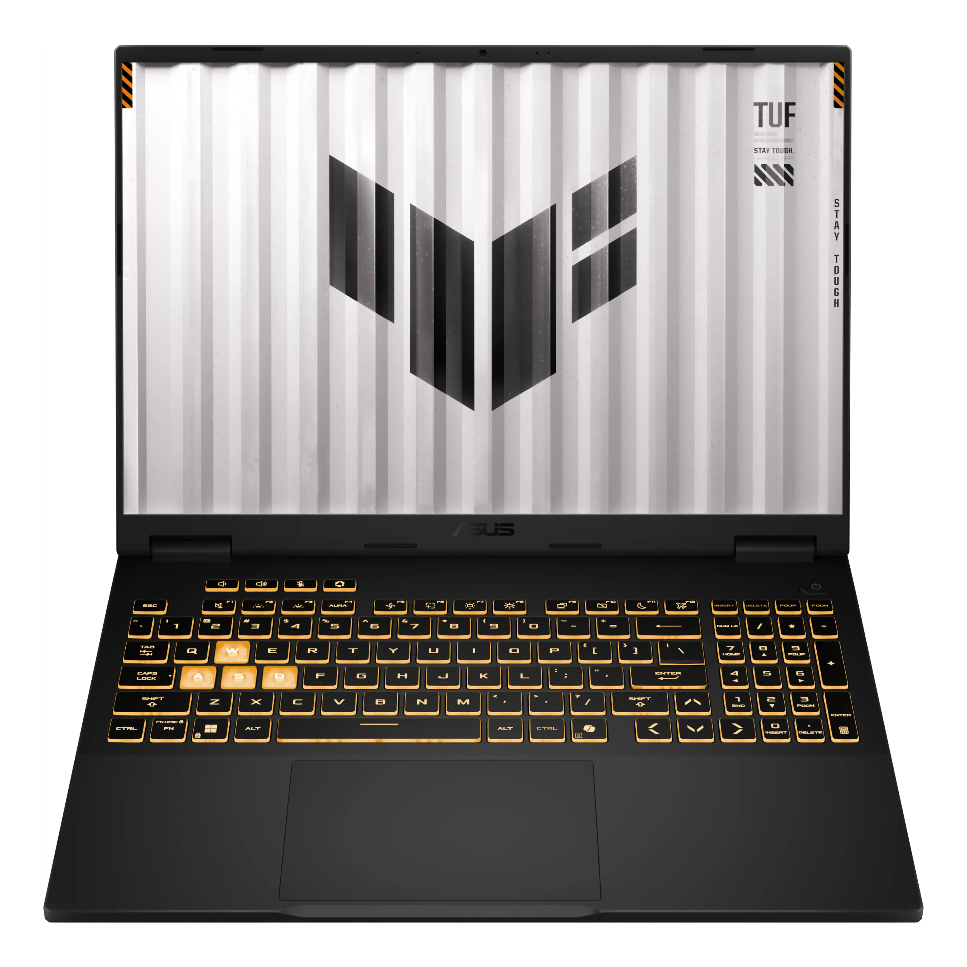 Un computer portatile Asus TUF nero con tastiera illuminata e un logo in primo piano sullo schermo.