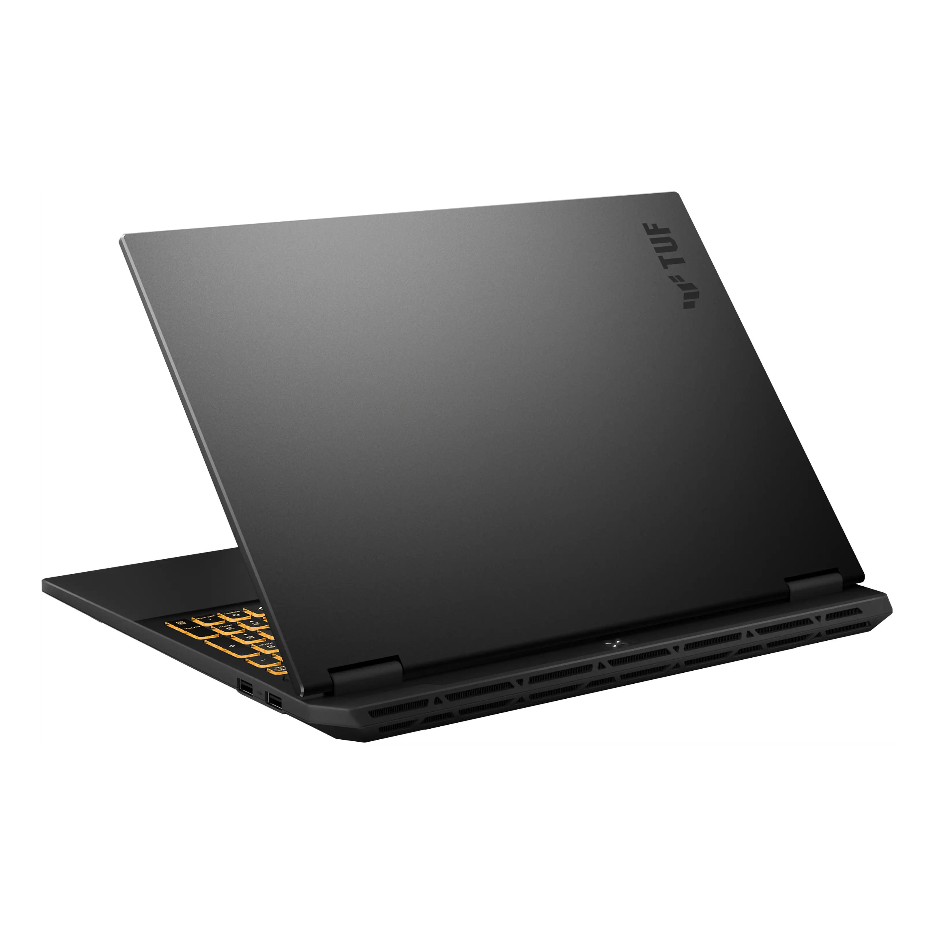 Un notebook da gioco ASUS TUF nero visto da dietro, con tastiera retroilluminata in arancione.