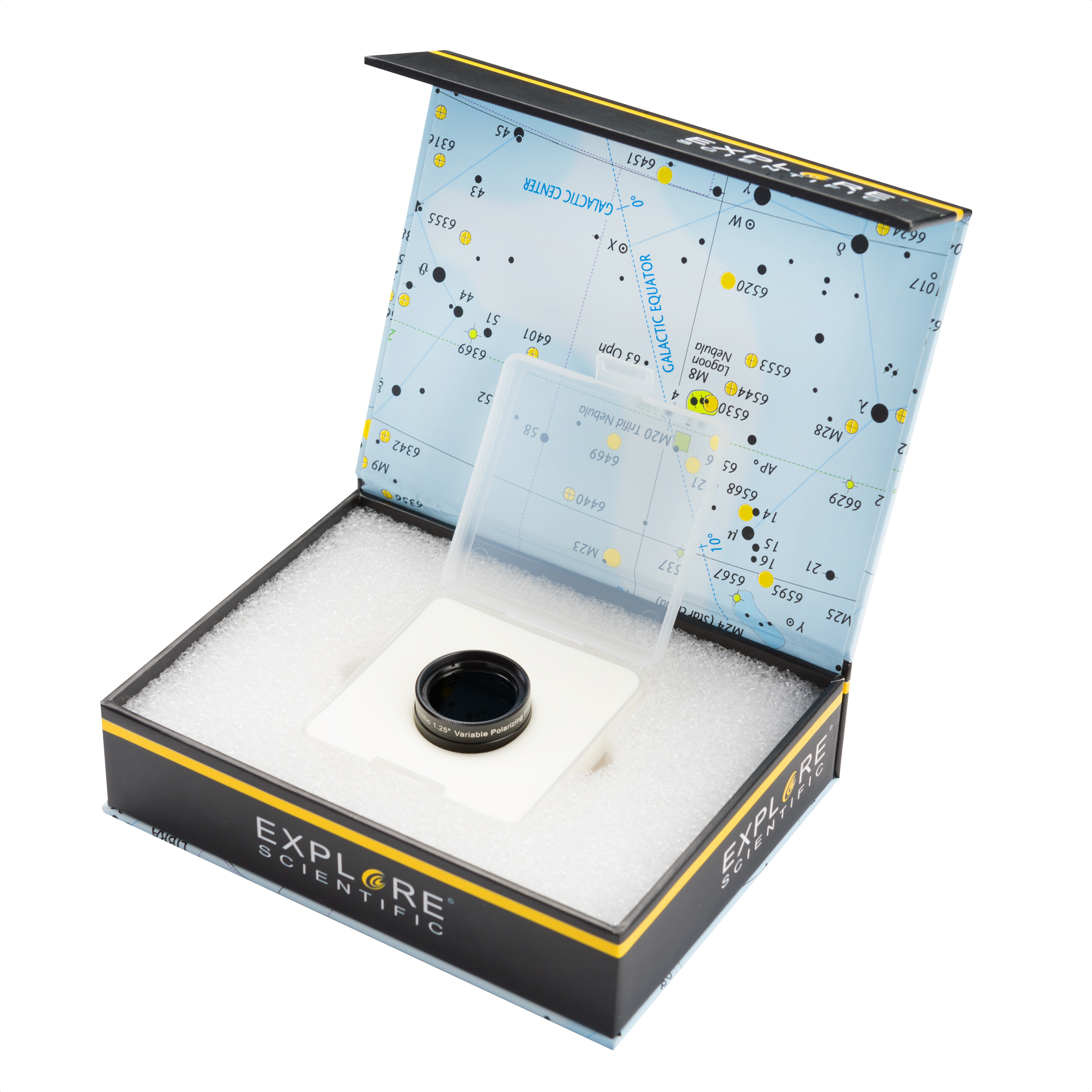 Ein Teleskop-Polfilter in einer offenen Box mit Himmelskarte als Hintergrund.
