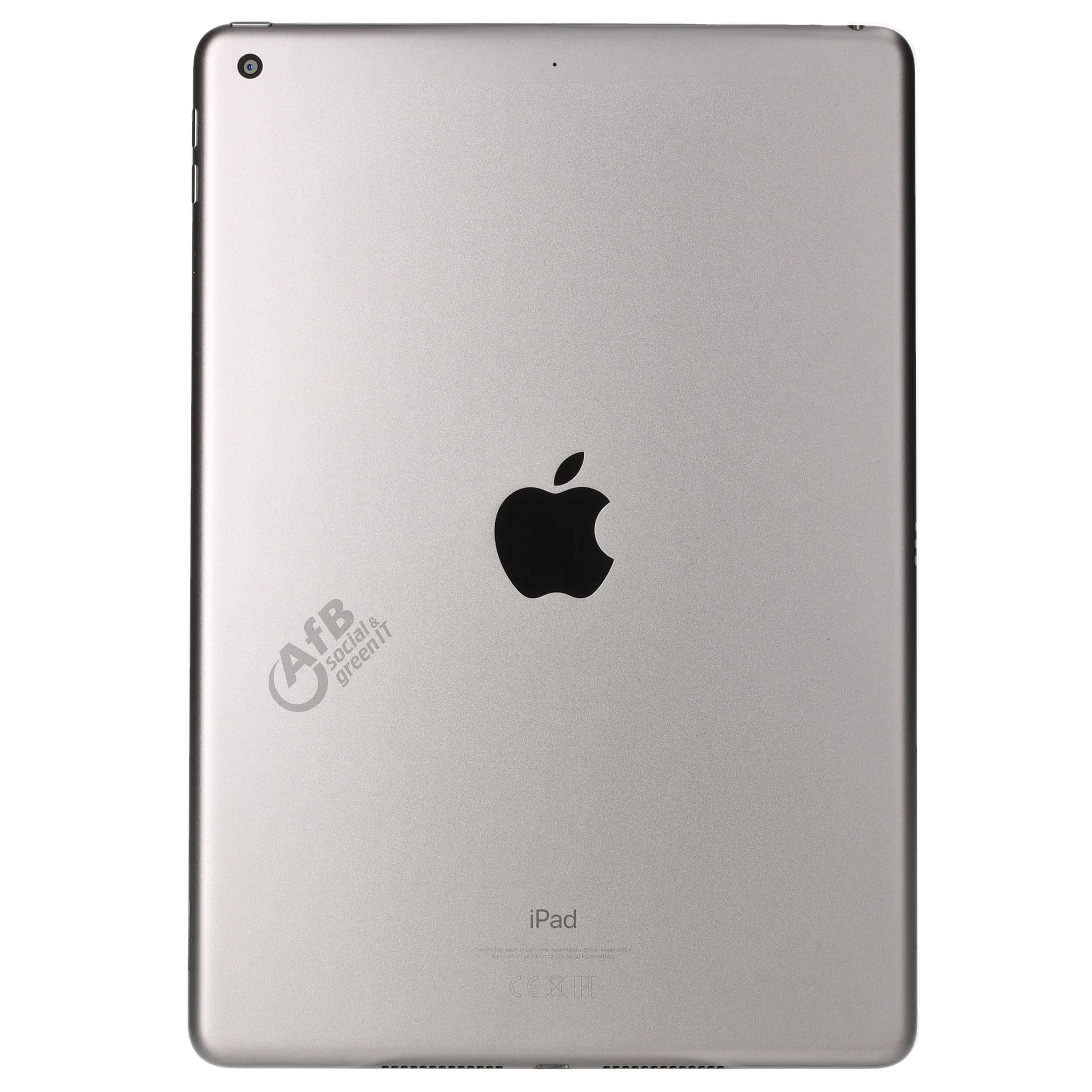 Parte trasera de un iPad plateado con el logotipo de Apple en el centro y de AfB a la izquierda.