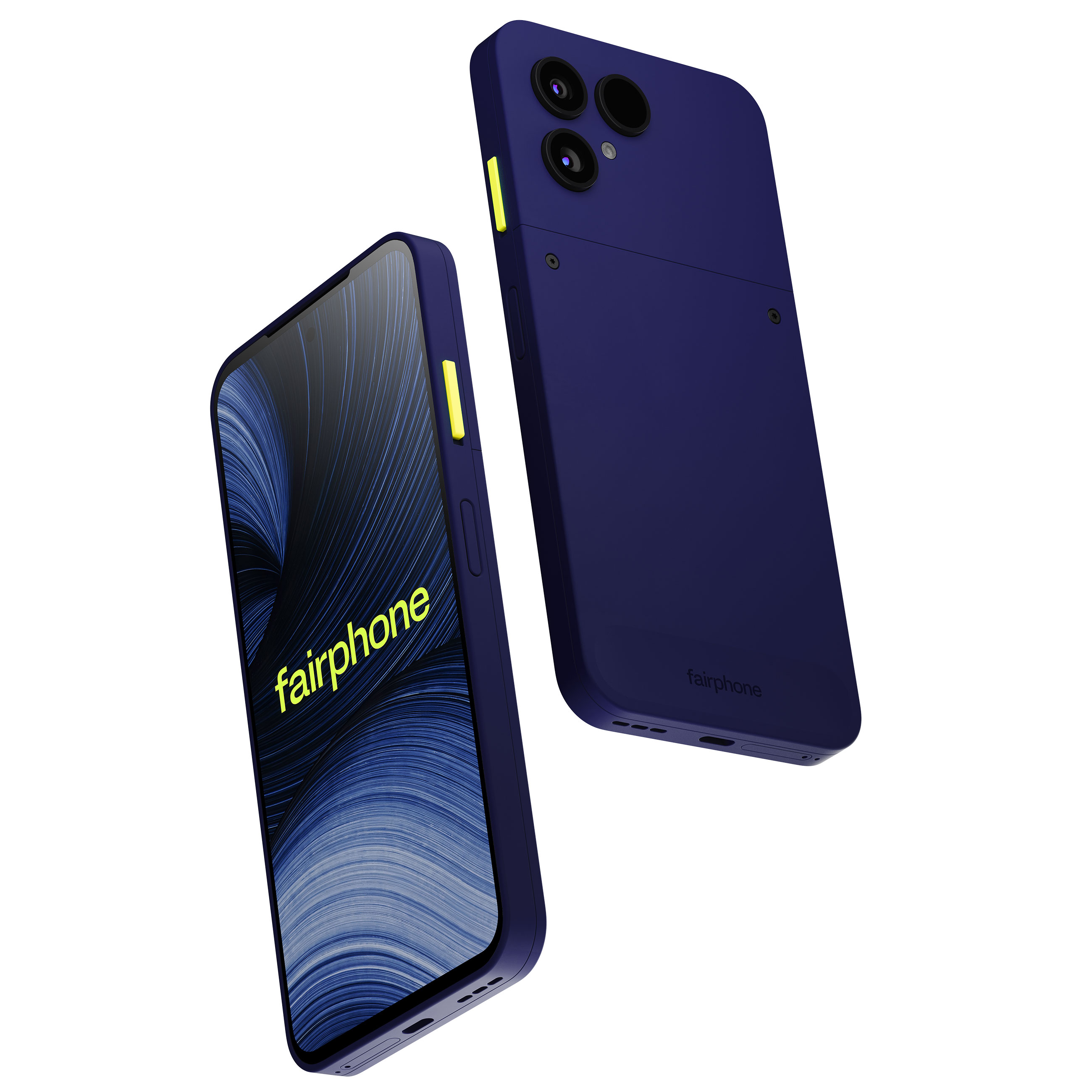 Due smartphone Fairphone blu con dettagli gialli fluttuano su sfondo bianco.
