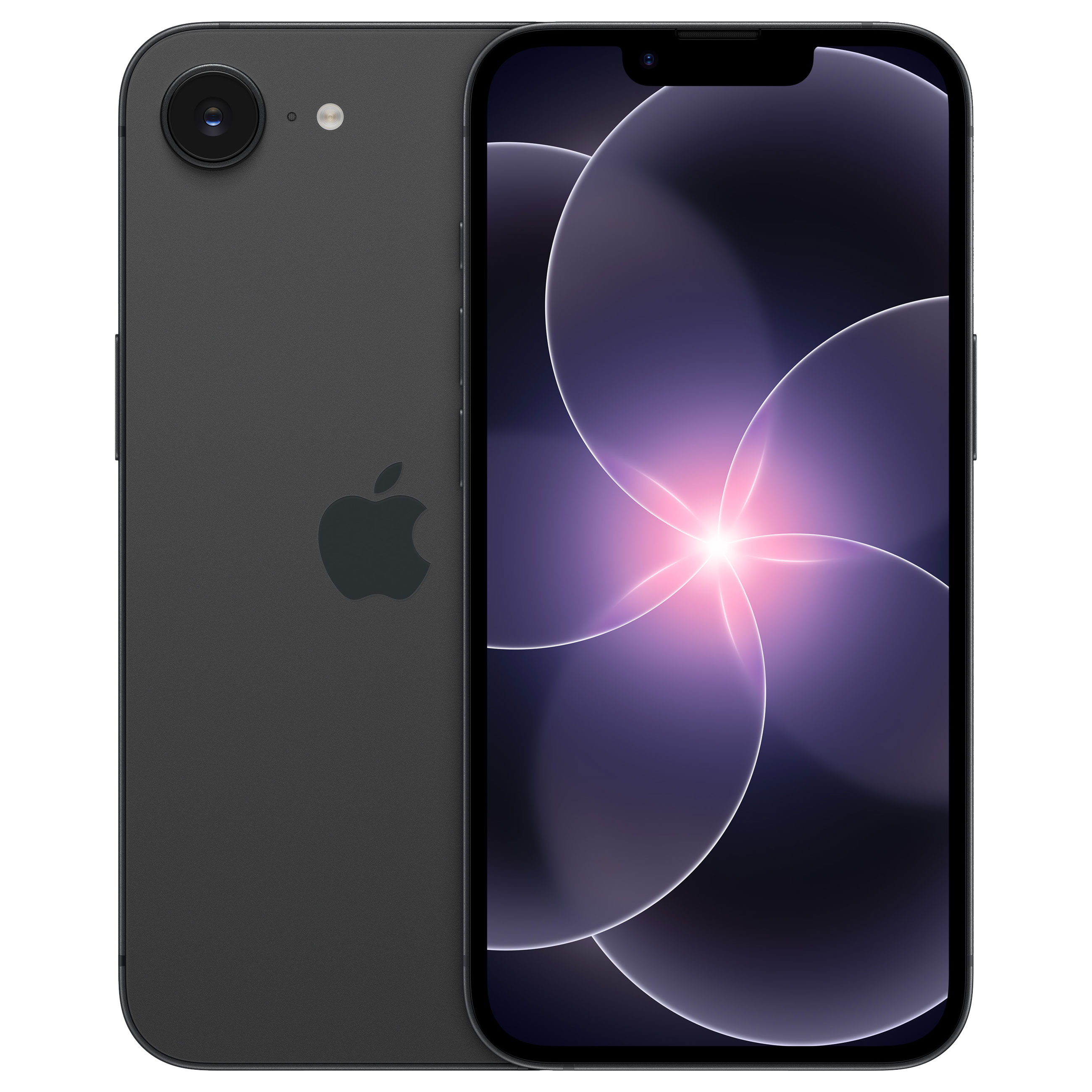 Vista frontal y trasera de un teléfono inteligente negro con fondo de pantalla morado.