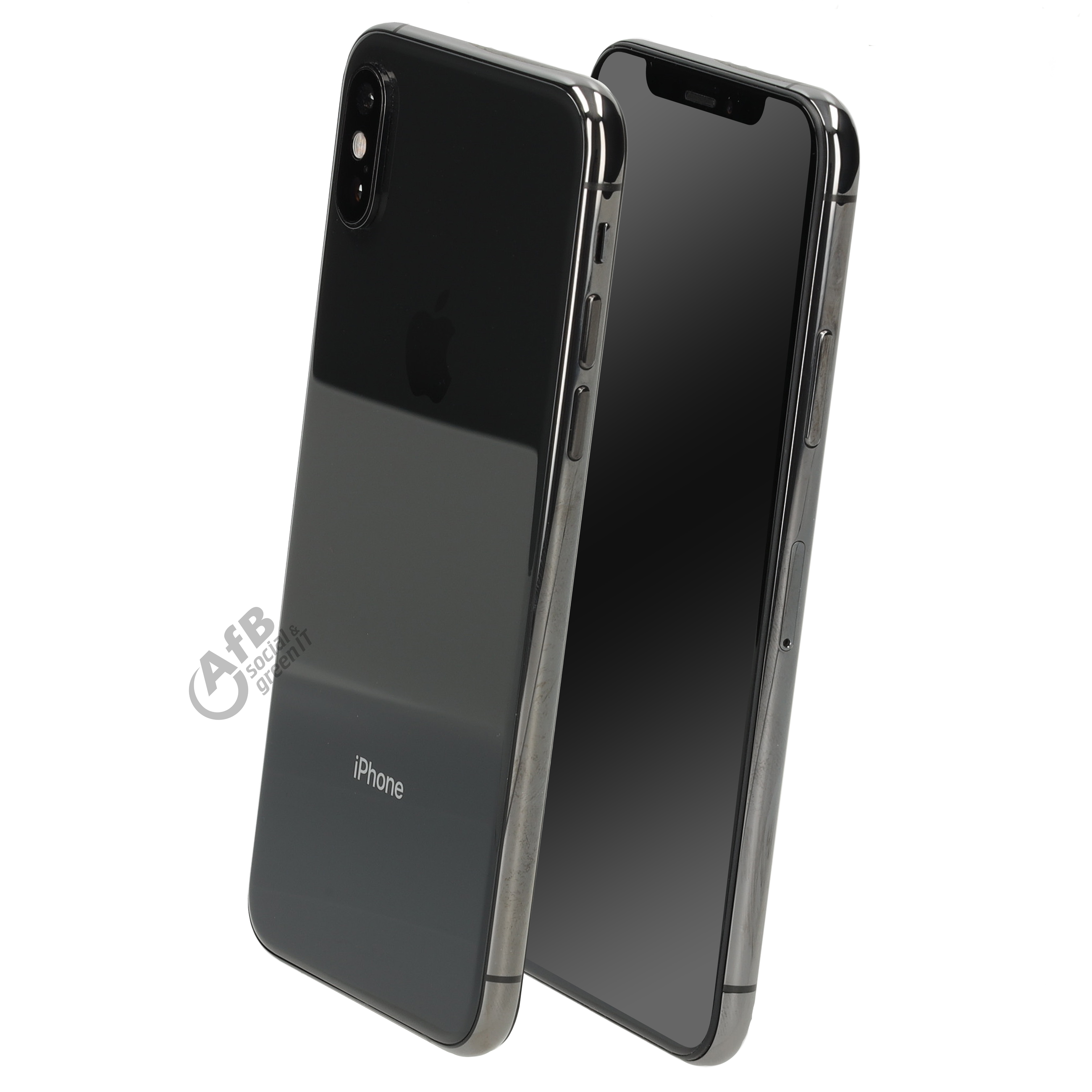 Zwei schwarze iPhones, eines mit der Rückseite und Apple-Logo, das andere mit schwarzem Bildschirm.