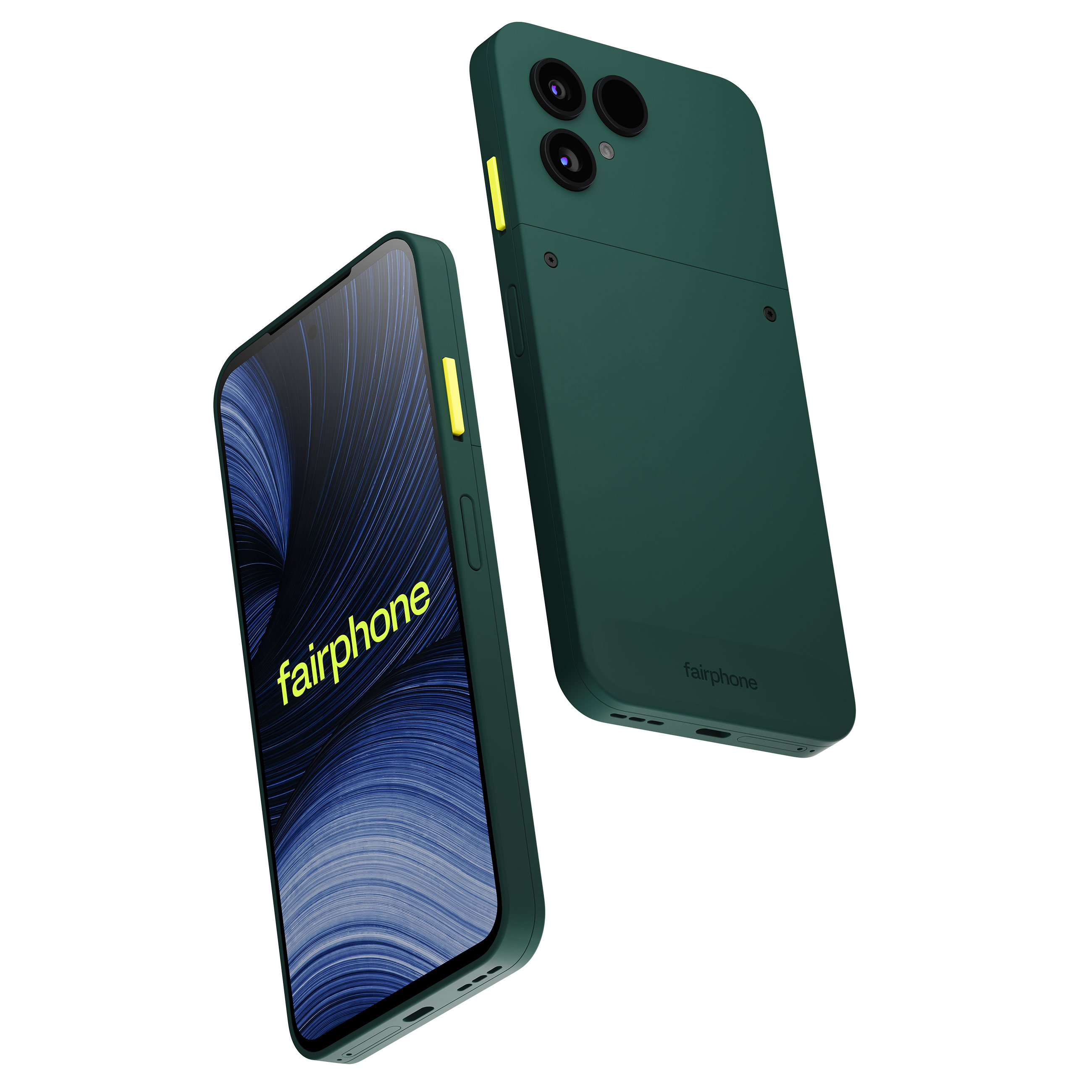 Fairphone verde mostrato da davanti e da dietro, con pulsanti gialli e schermo blu.