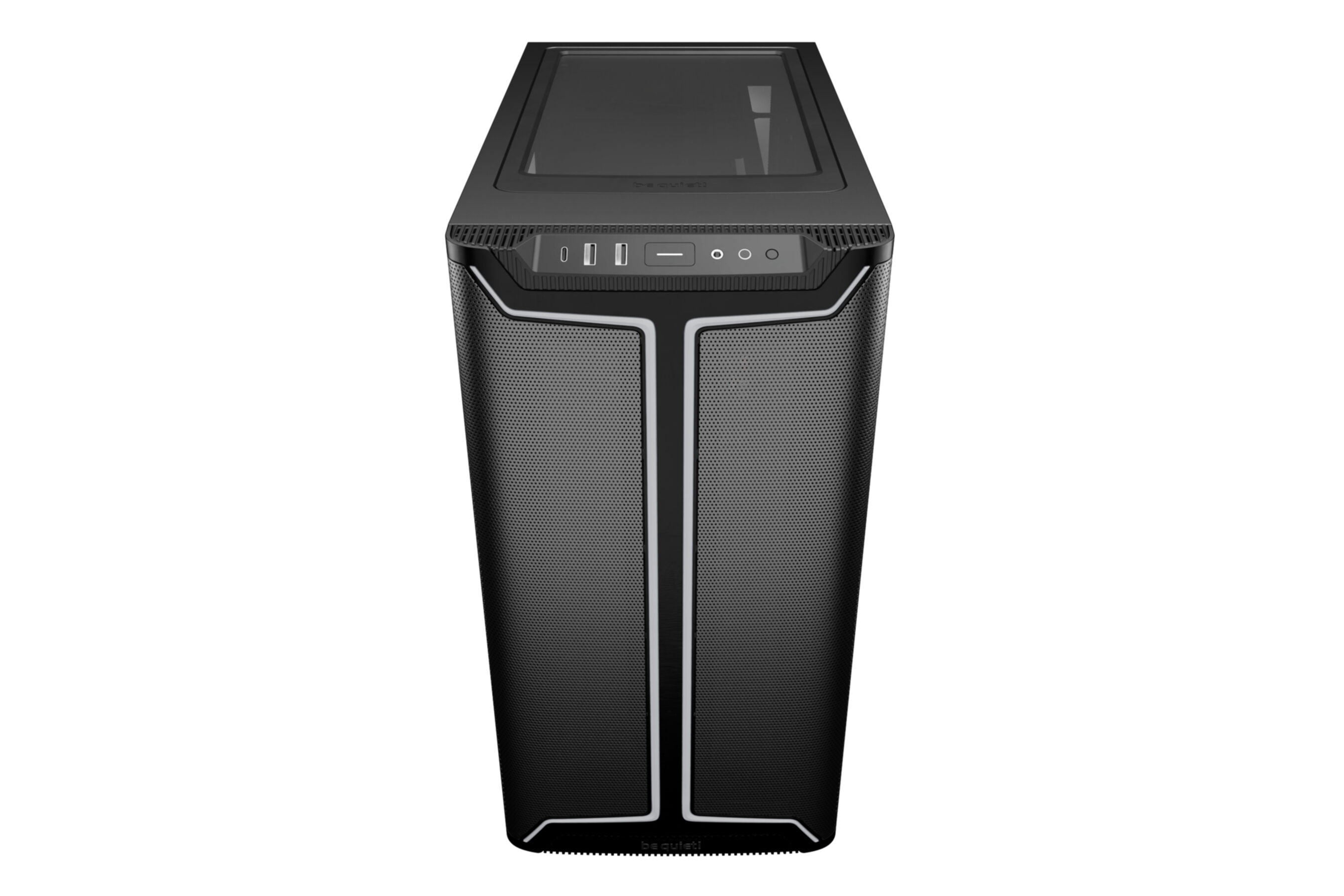 Ein schwarzes PC-Gehäuse von vorne mit Mesh-Blenden, USB-Anschlüssen und einem Power-Knopf oben.