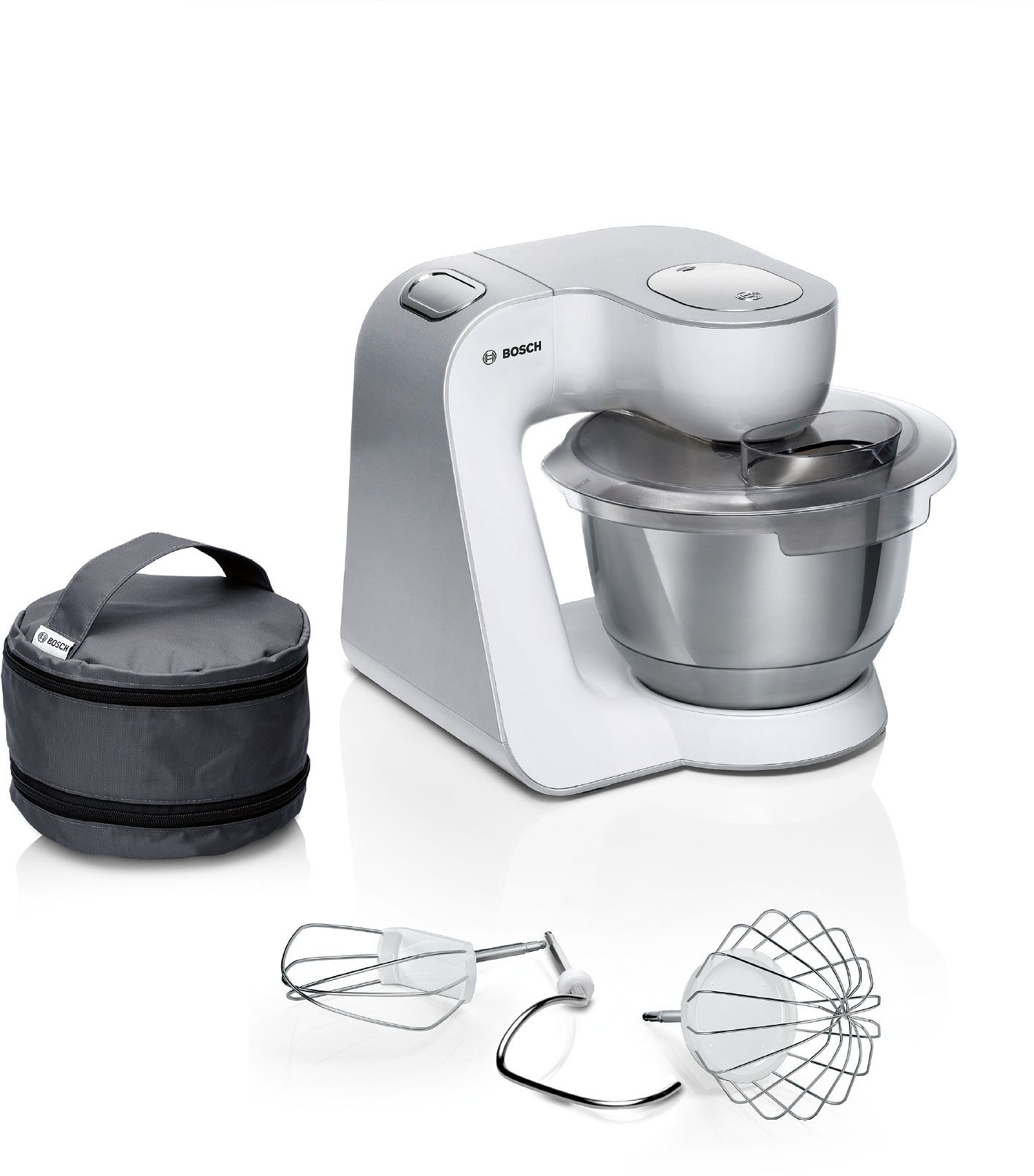 Robot da cucina Bosch bianco con ciotola, accessori e borsa grigia su sfondo bianco.