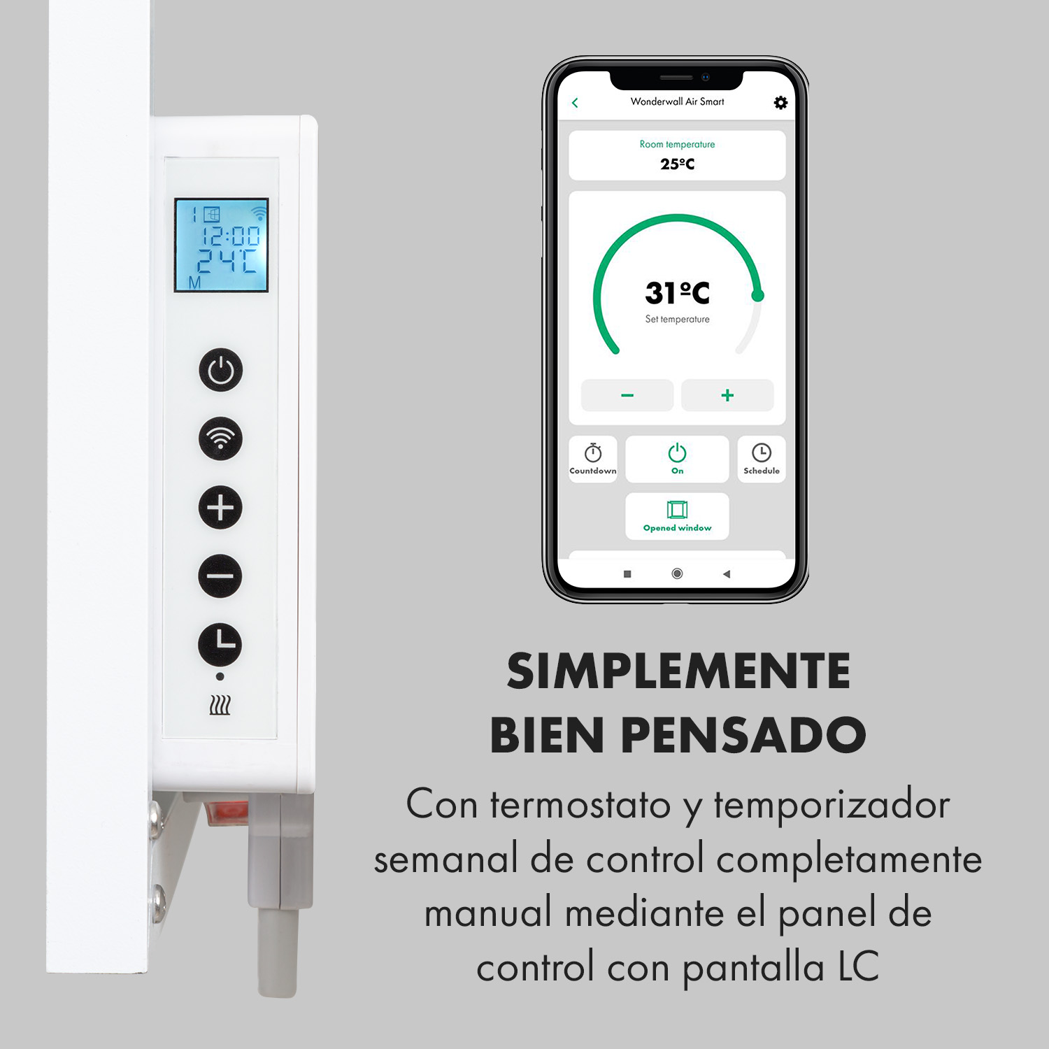 Un elemento riscaldante bianco con display LCD accanto a uno smartphone con app di controllo.