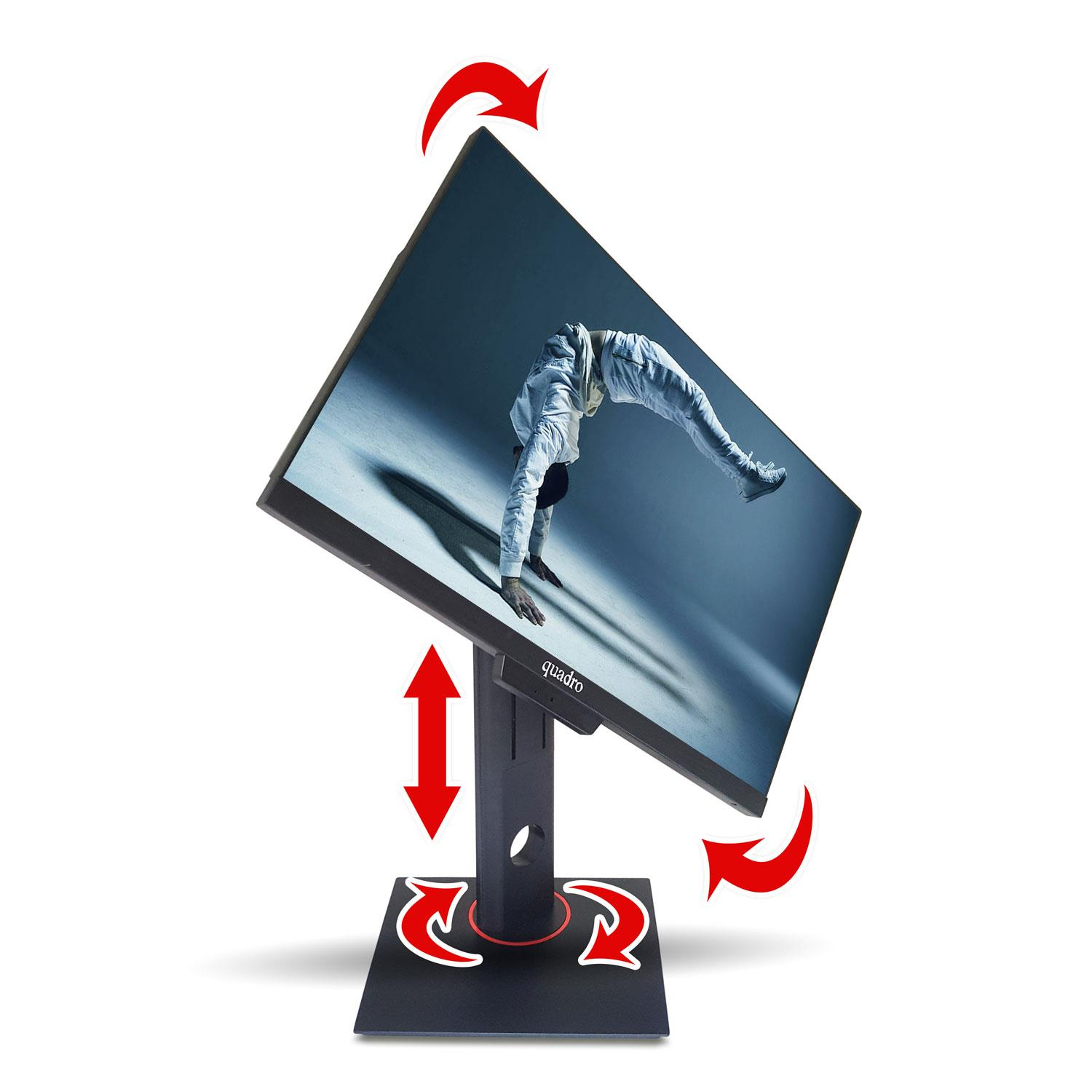 Ayarlanabilir standa ve kırmızı hareket oklarına sahip dönen siyah bir bilgisayar monitörü.