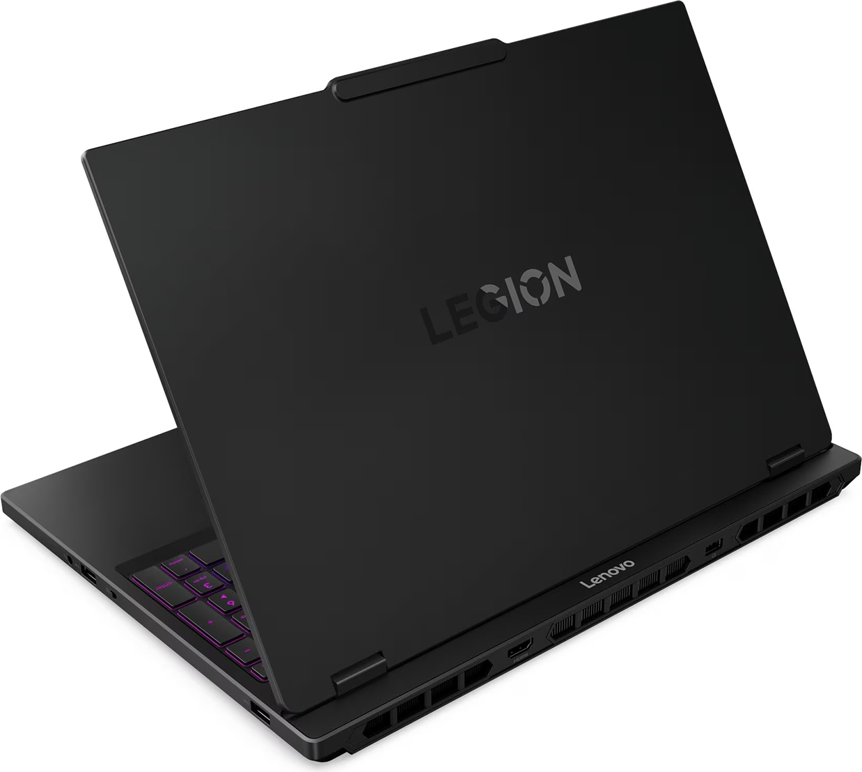 Aydınlatmalı klavyeye sahip siyah bir Lenovo Legion dizüstü bilgisayar, hafif açıyla arkadan görülüyor.