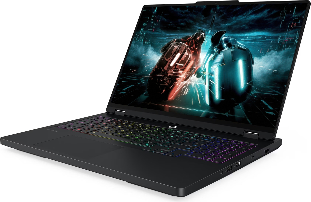 RGB arkadan aydınlatmalı klavyeye ve ekranda futuristik bir duvar kağıdına sahip siyah oyuncu dizüstü bilgisayarı.
