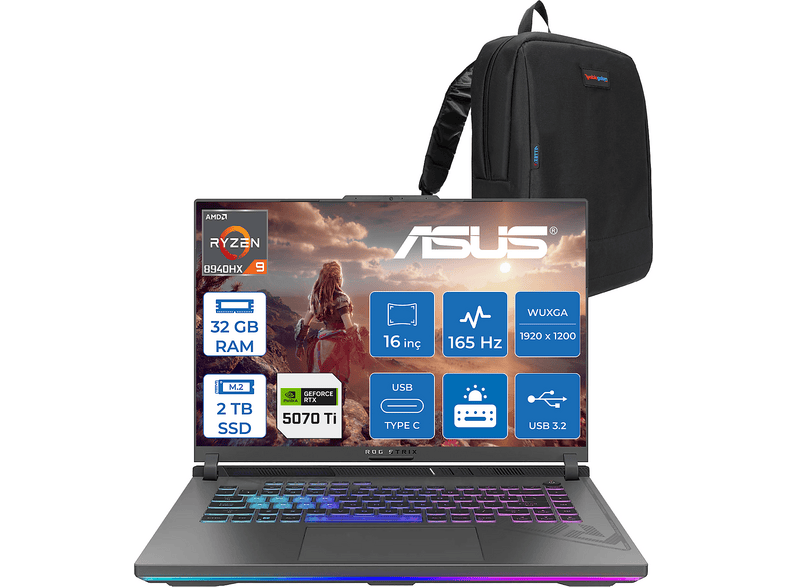 ASUS Rog Strix G16 G614PR-RV050 RTX5070TI WRV050F13 AMD Ryzen 9 8940HX 32 GB RAM 2 TB SSD 16 inç FreeDOS Laptop+Çanta Gri
