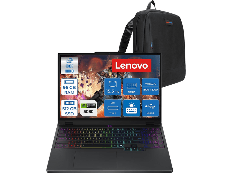 LENOVO Legion 5 8GB RTX5060 115W L83LY00PYTRF29 Intel Core i7-13650HX 96 GB RAM 512 GB SSD 15,3 inç FreeDOS Laptop+Çanta Siyah