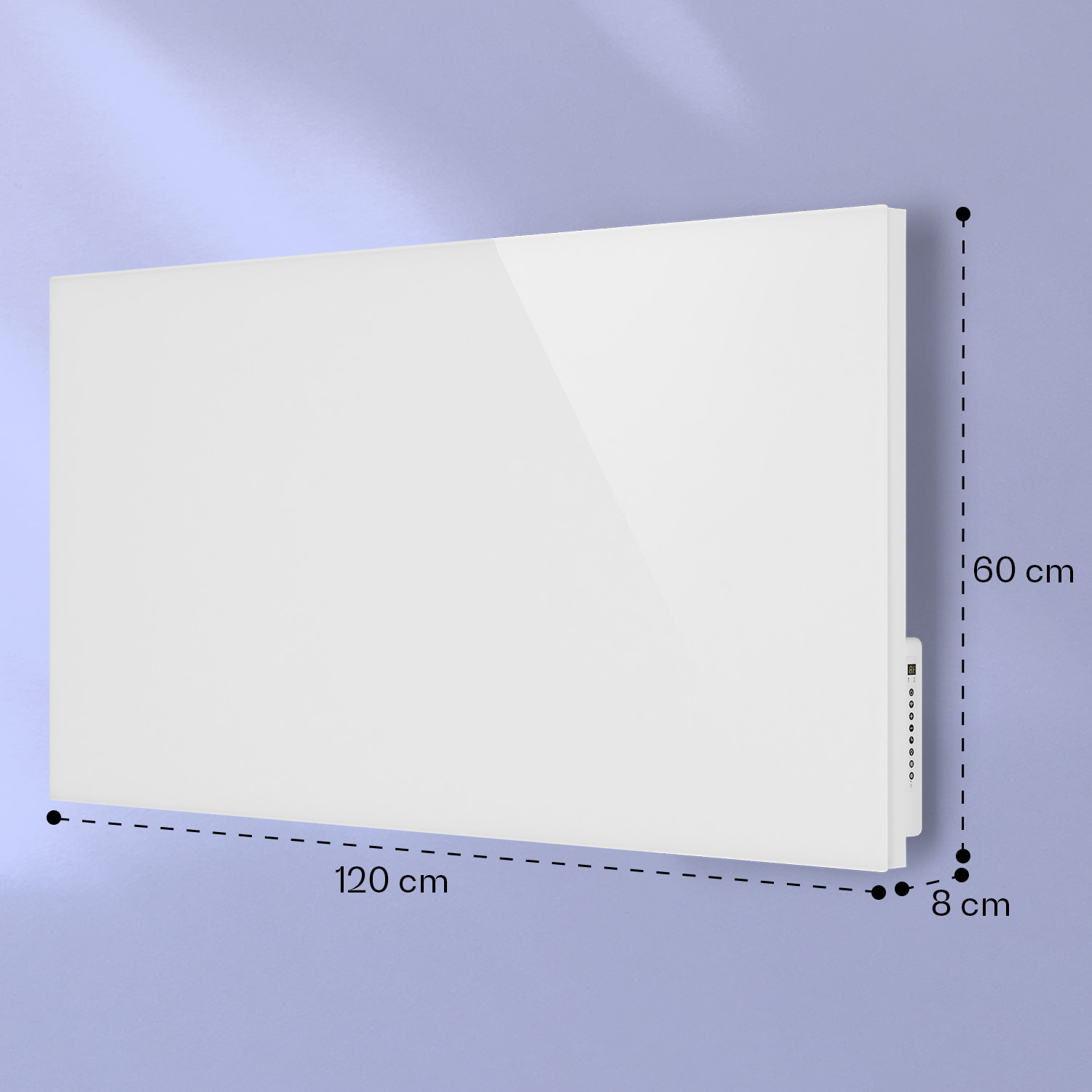 Ein weißer, rechteckiger Infrarotstrahler mit 120 cm Breite, 60 cm Höhe und 8 cm Tiefe an einer hellvioletten Wand.