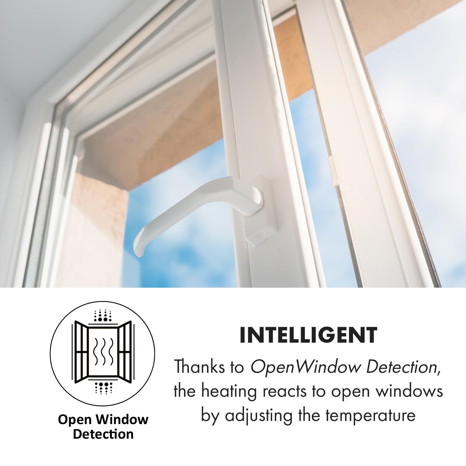 Ein offenes weißes Fenster mit einem Griff und Text zur Open-Window-Erkennung darunter.
