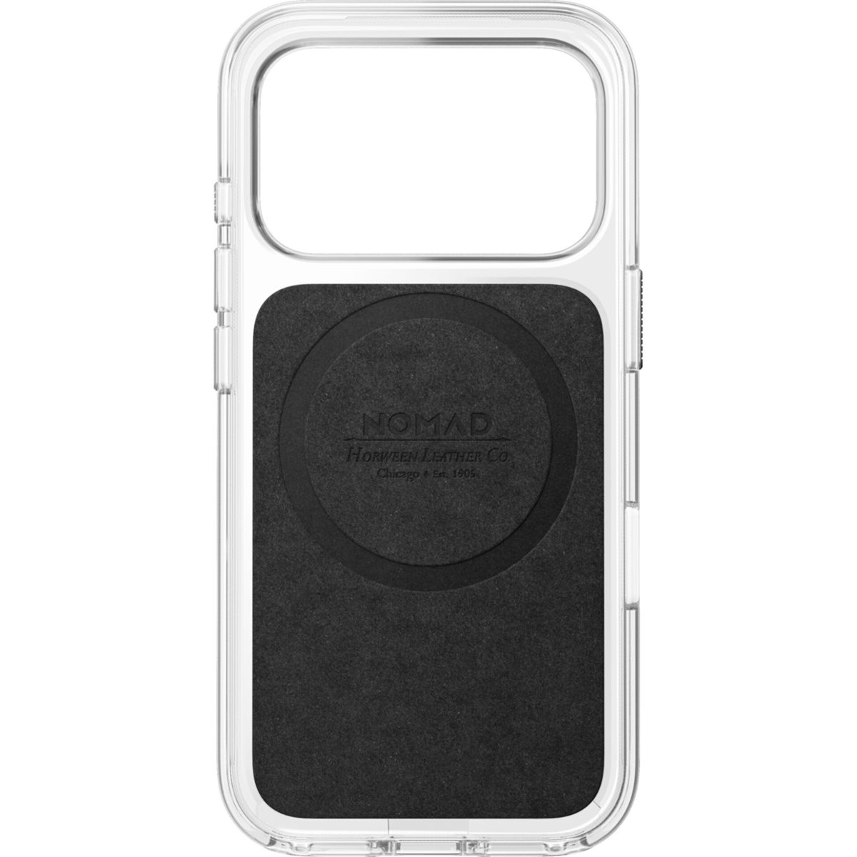 Funda de teléfono transparente con inserto de cuero negro y logotipo circular de MagSafe en la parte posterior.