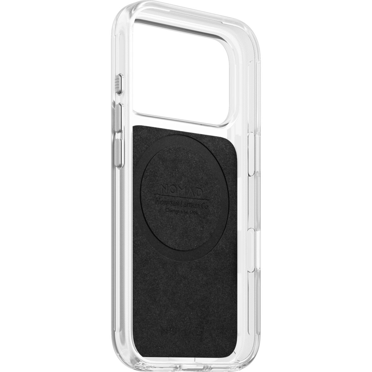 Funda transparente para teléfono con forro interior negro y anillo MagSafe.