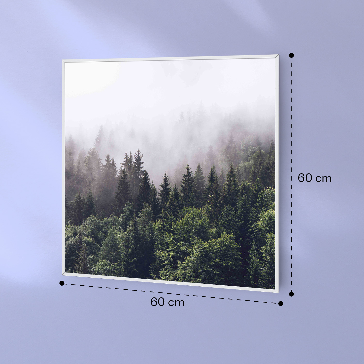Un quadro quadrato incorniciato di 60x60 cm con una foresta di pini nebbiosa su una parete viola.