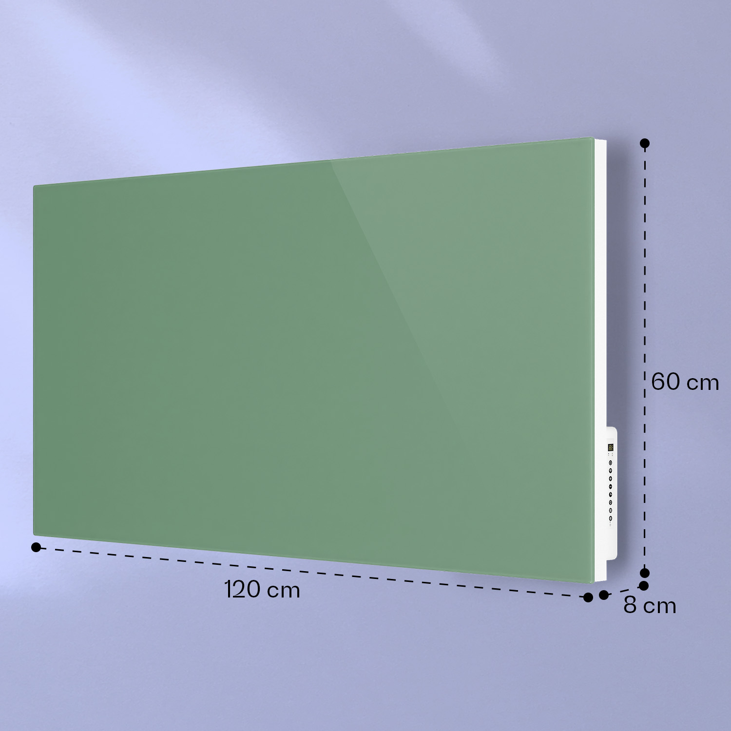 Ein grüner Glas-Wandheizer mit Maßangaben von 120 cm Breite, 60 cm Höhe und 8 cm Tiefe.