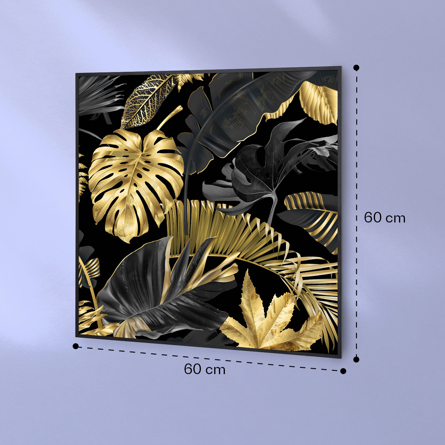 Quadro quadrato 60x60 cm con foglie tropicali dorate e nere su sfondo nero, appeso a una parete.