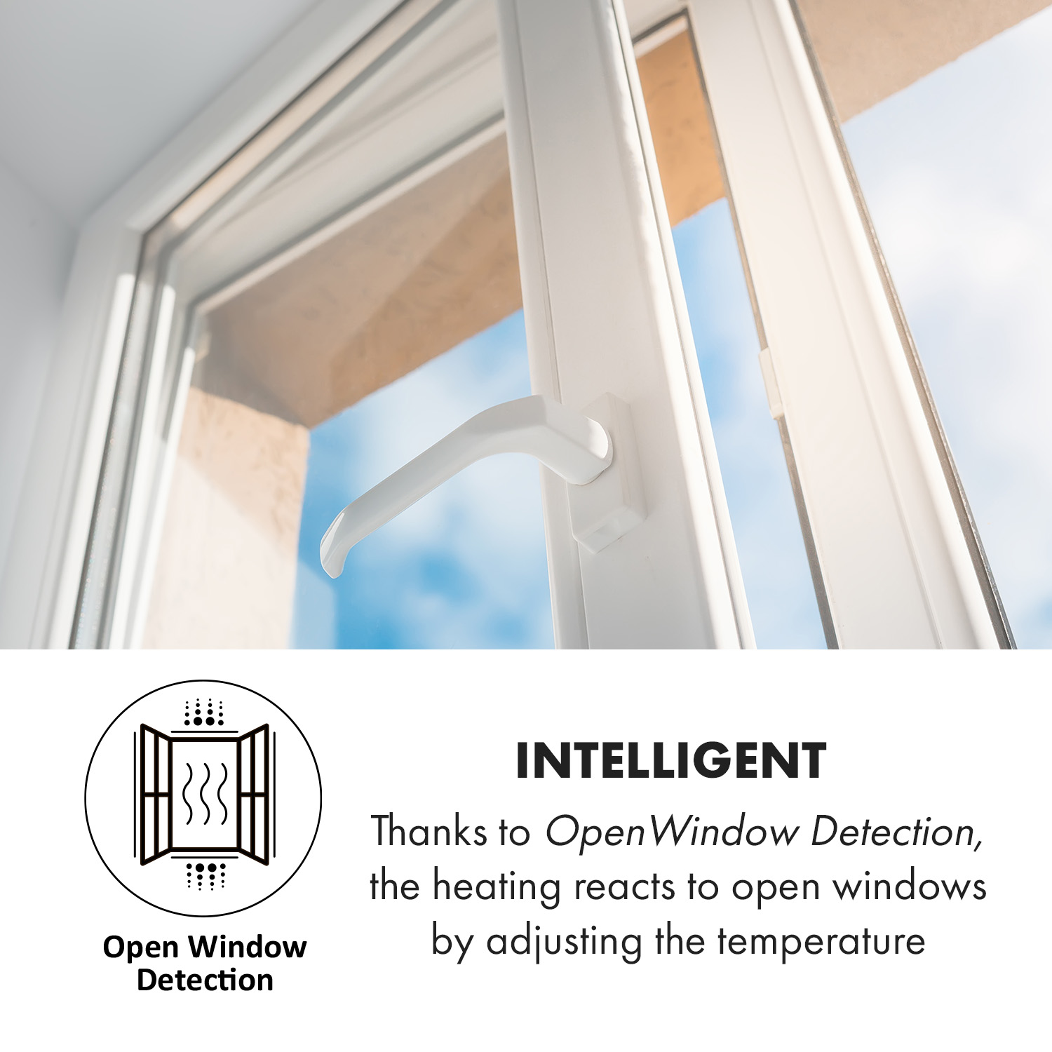 Ein weißer, leicht geöffneter Fenstergriff vor blauem Himmel mit Text zur Open Window Detection.
